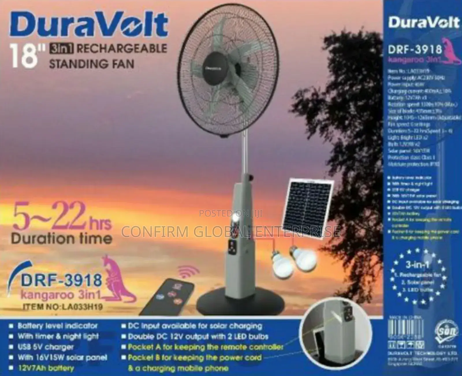Duravolt 3-in-1 18" Rechargeable Fan + Solar Panel, Led Bolb