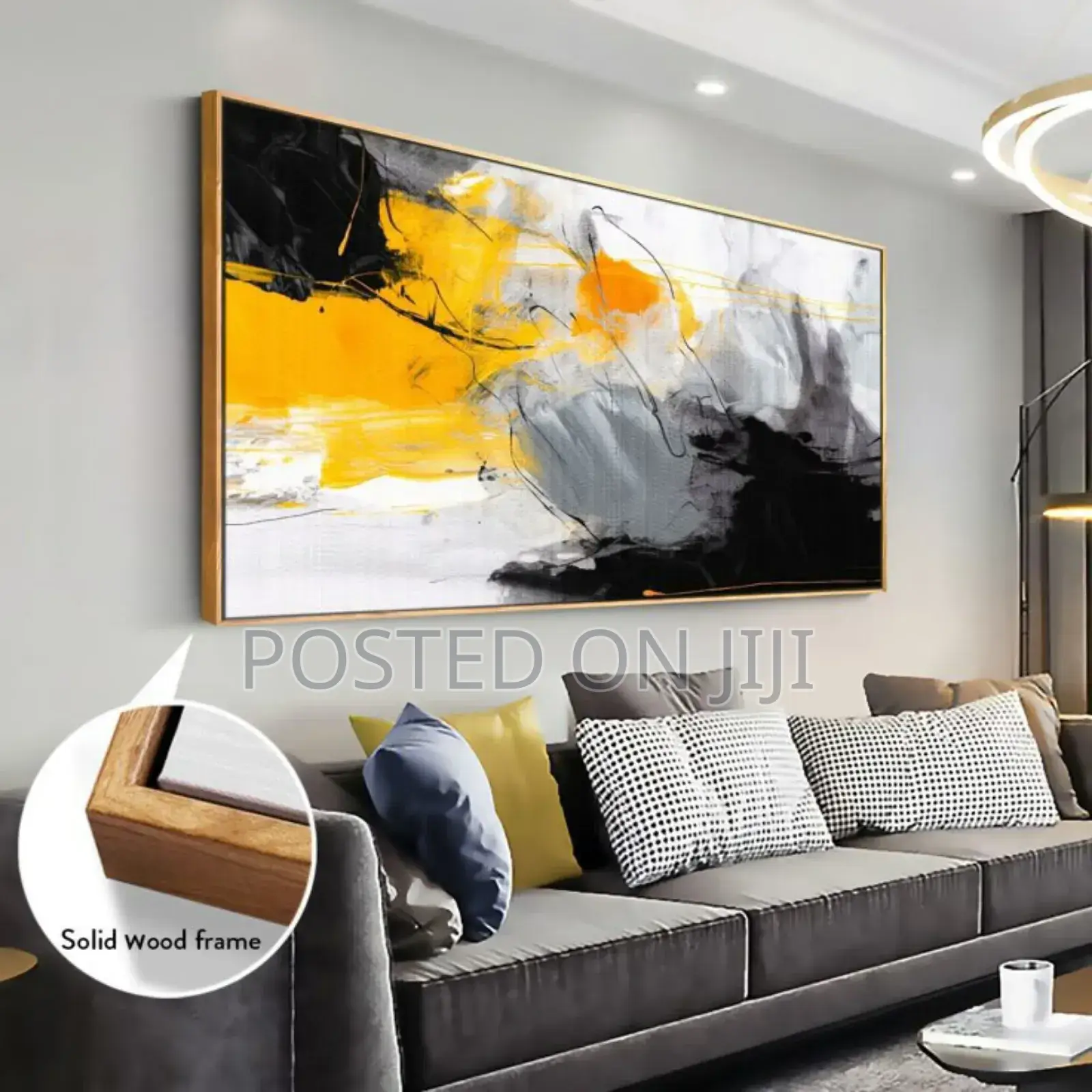 Yellow/Black and White Abstract Painting on Canvas Print
