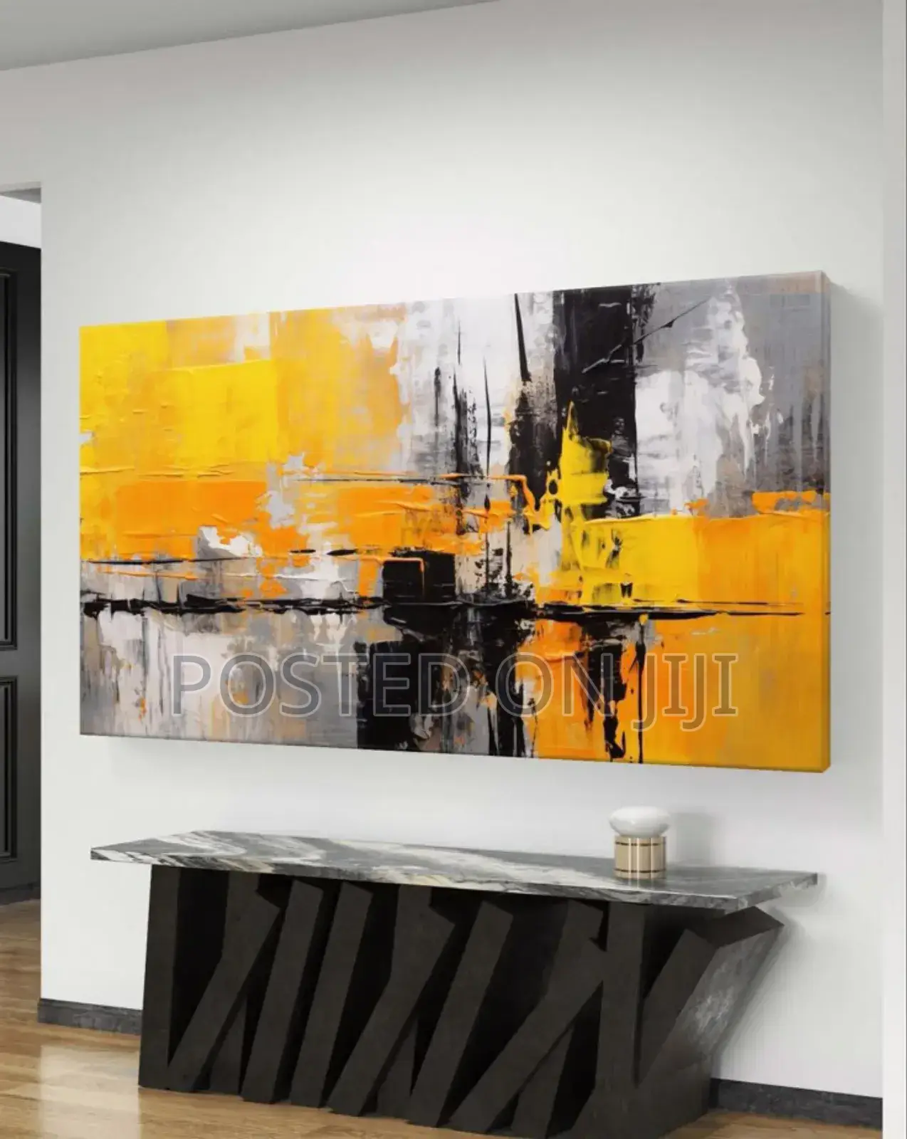 Yellow/Black and White Abstract Painting on Canvas Print