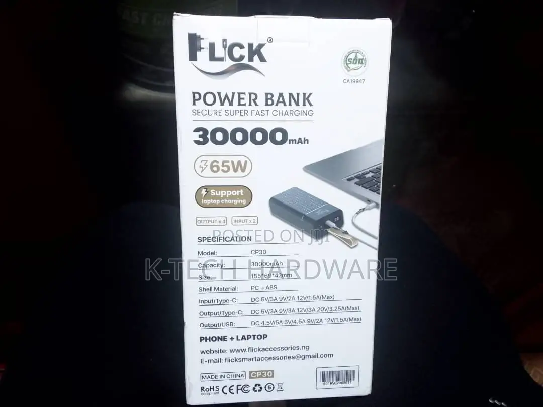 65w Flick 30000mah Phone+Laptop Power Bank