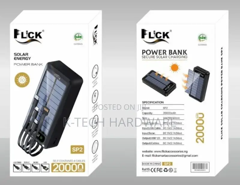 Flick 20000mah Sp2 Solar Power Bank With 4 Self Contained Ca