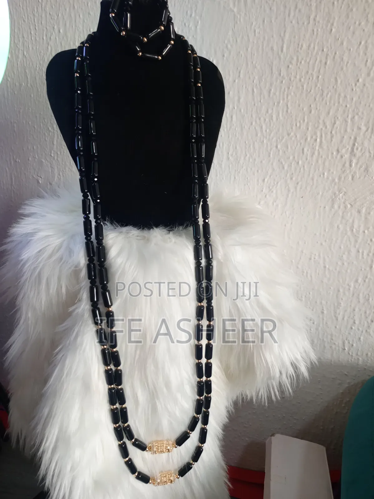 Black Gold Above Navel Length Neck Beads, 2 Bracelets