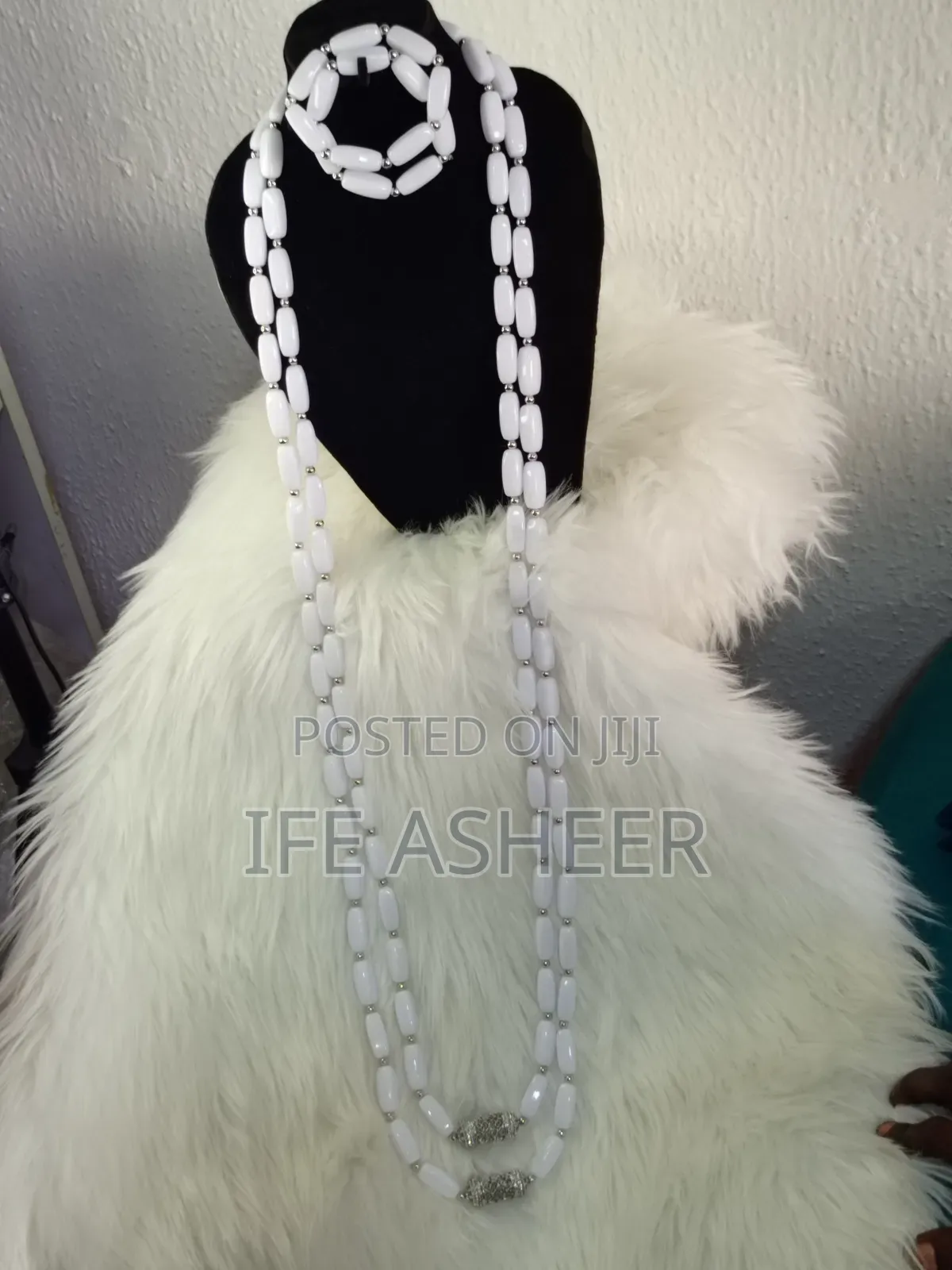 White Silver Waist Length Neck Beads, 2 Bracelets