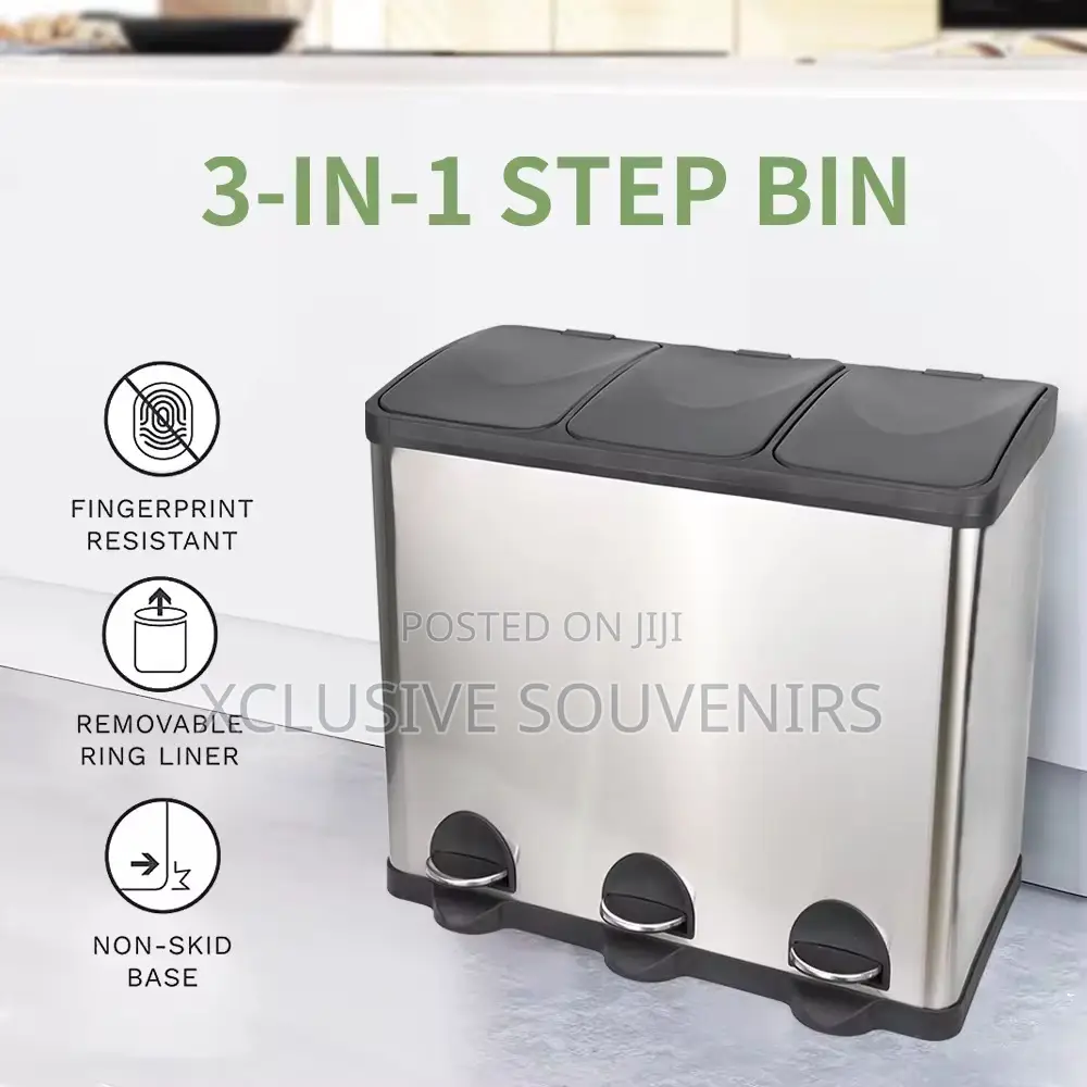 60l Stainless Steel 3 Compartment Pedal Trash Bin