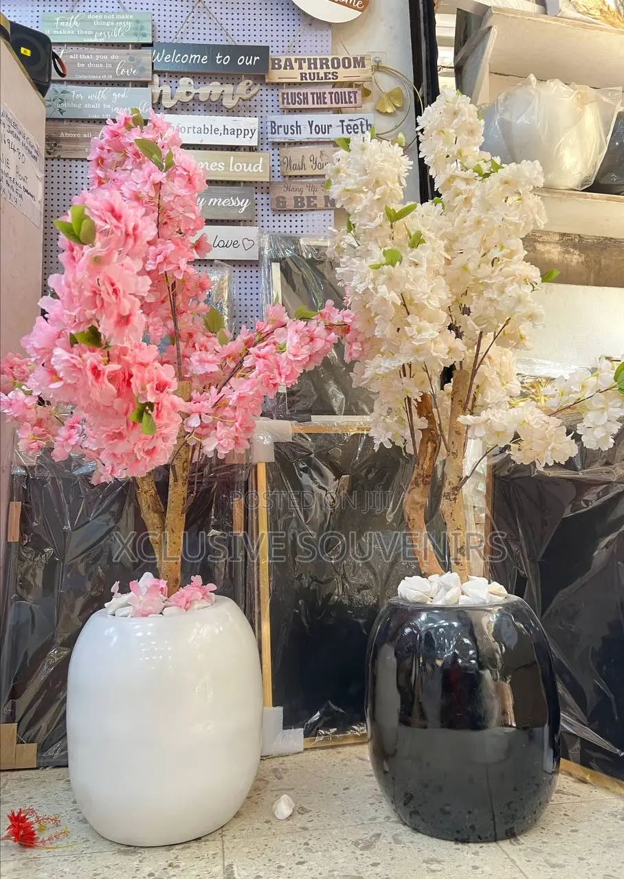 Fibre Vase And Double Trunk Cherry Blossoms
