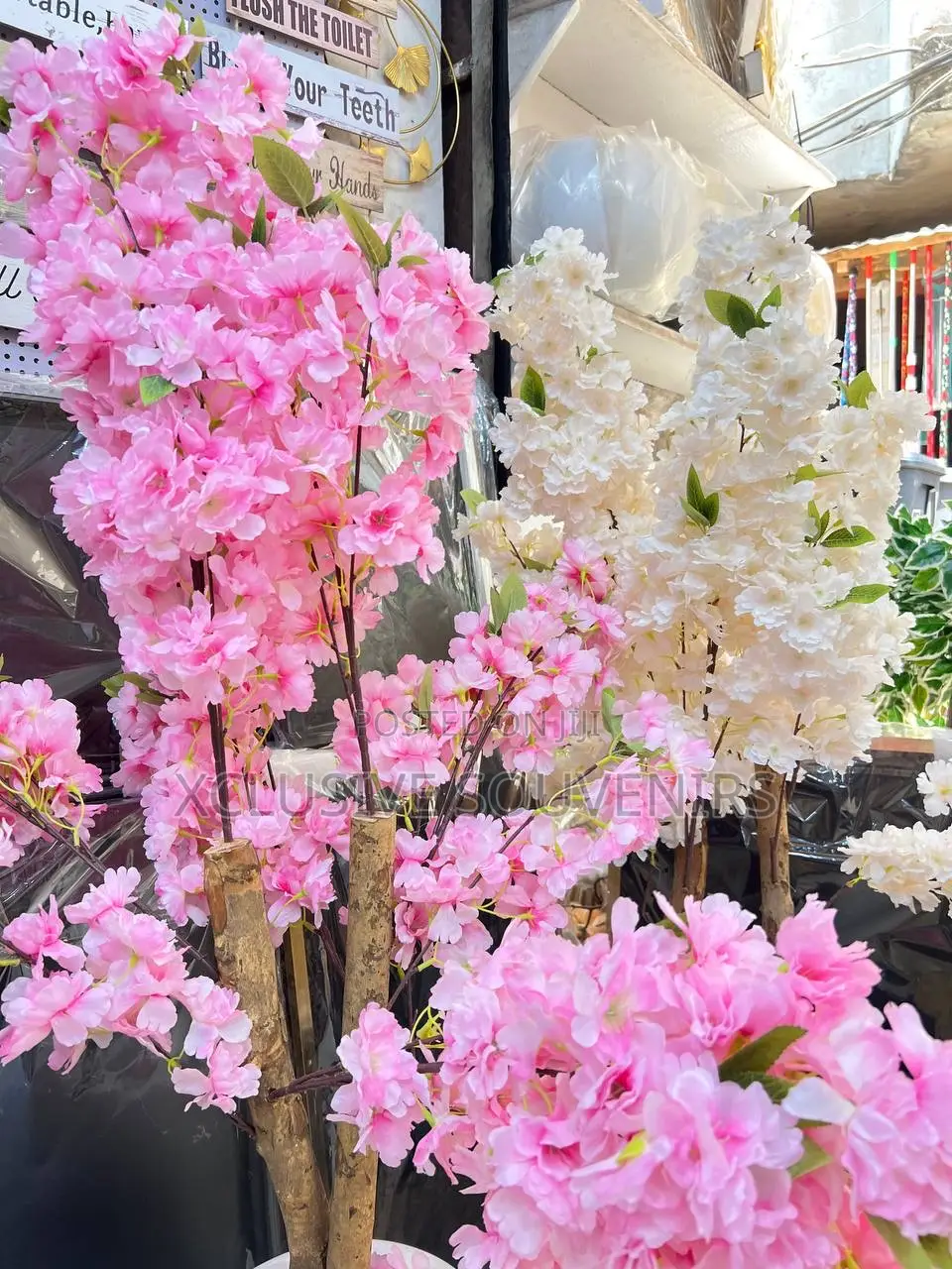 Fibre Vase And Double Trunk Cherry Blossoms