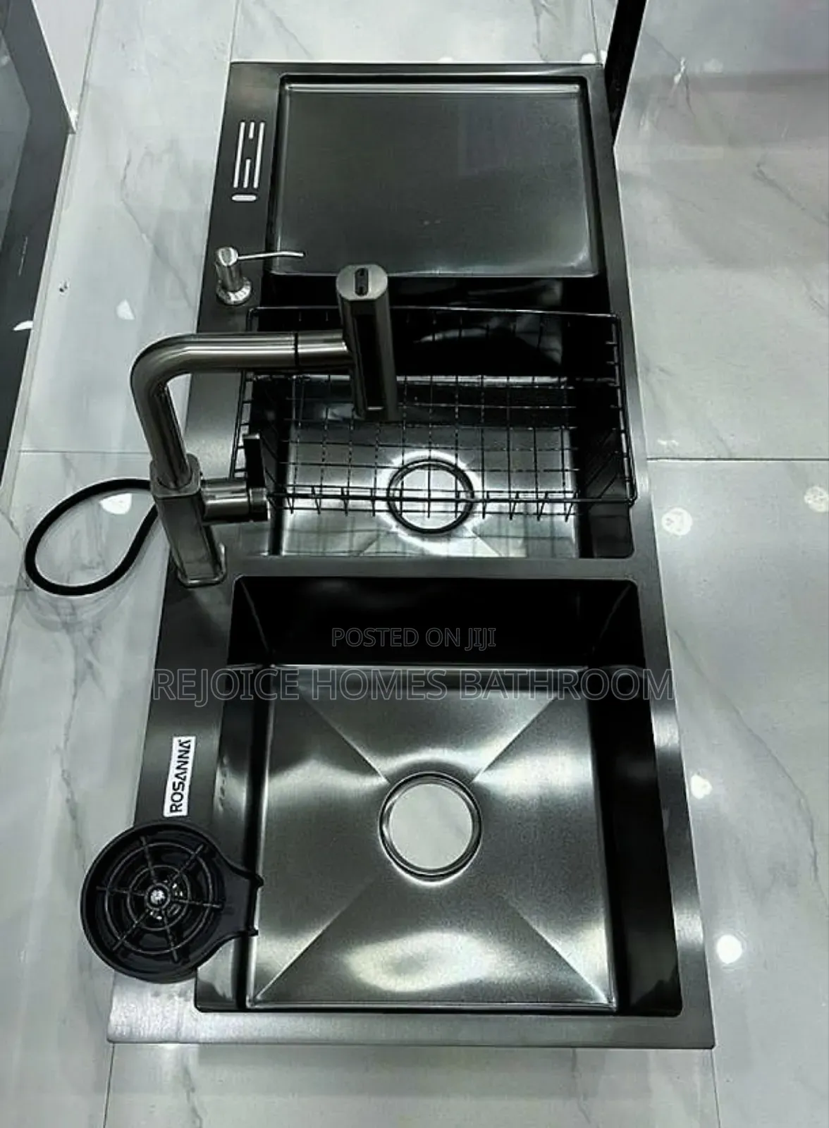 Black Handmade Double Bowls With Single Tray Kitchen Sink