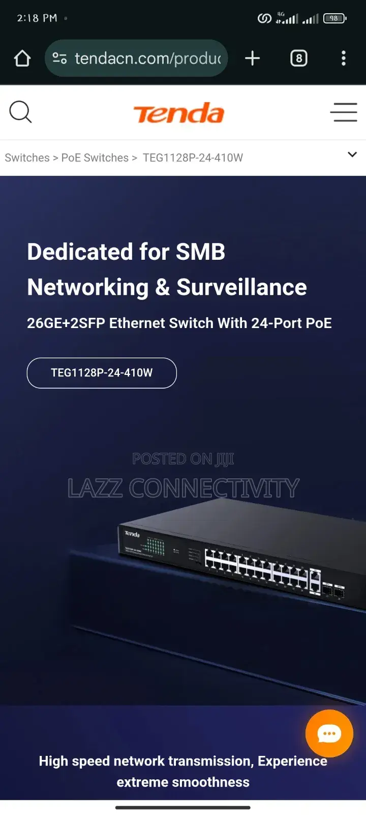 Tenda 24-Port Gigabit Poe and Switch +2ge/2sfp 410w
