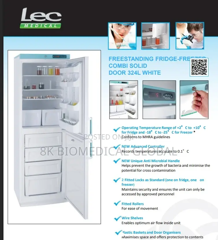 Uk Used Lec Medical Fridge Freezer Combi Solid Door 324l