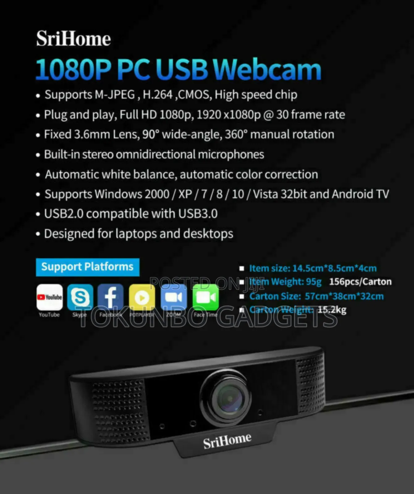 Srihome Full Hd 1080p Webcam Auto Focus With Microphone