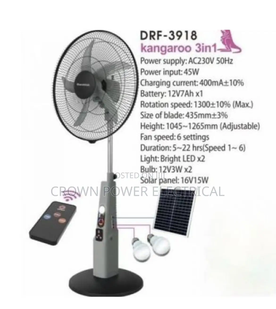 18”Inch Rechargeable Standing Solar Fan + Panel