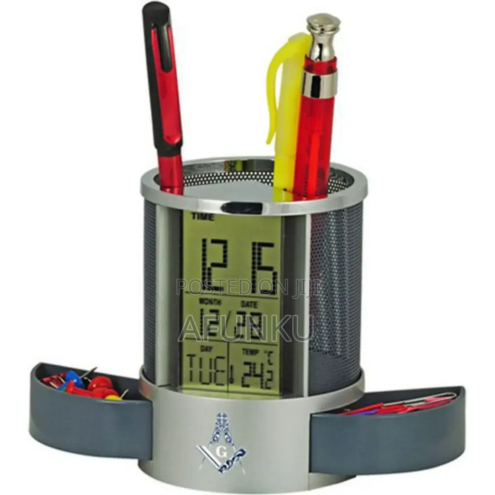 Desktop Pen Holder With Digital Clock/Calendar