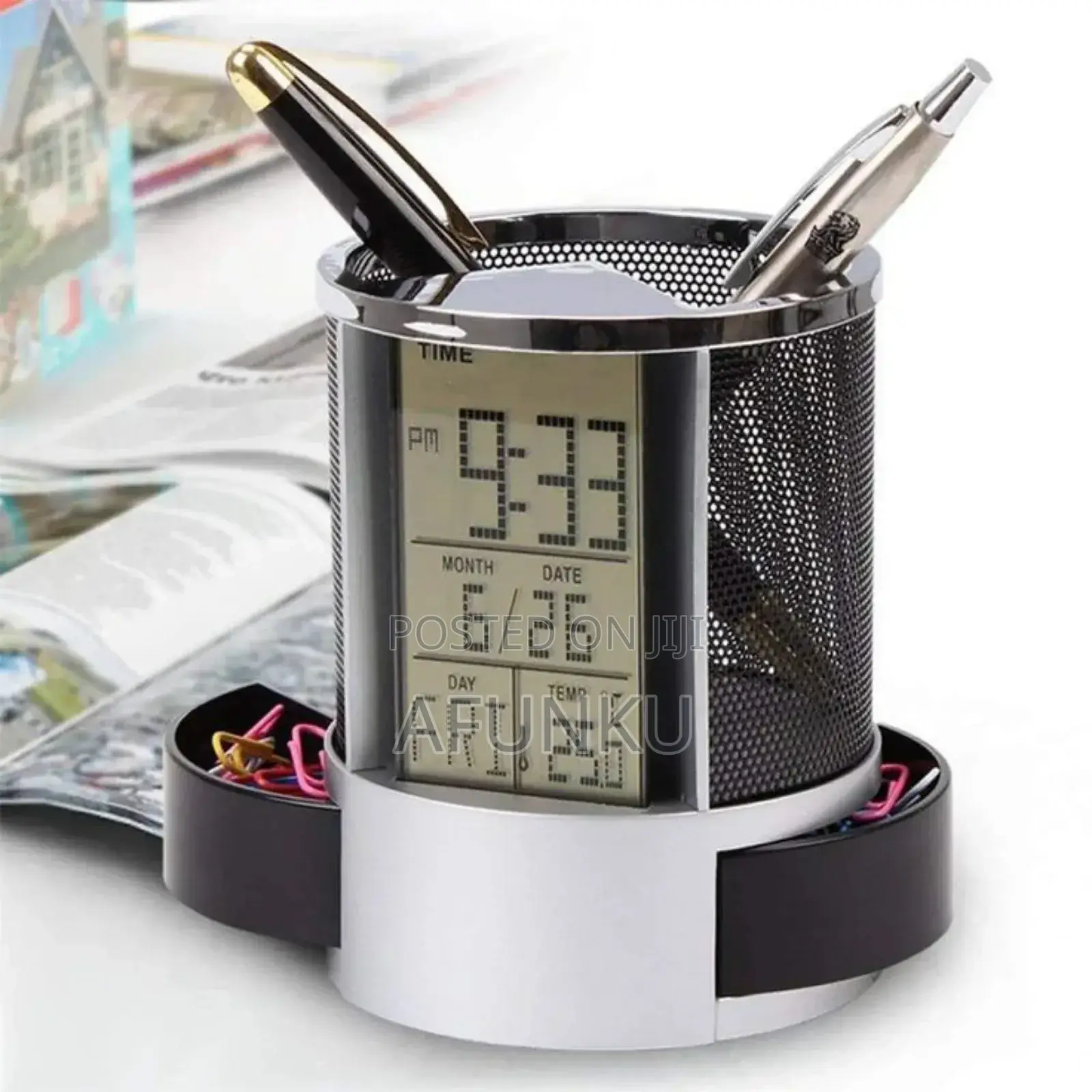 Desktop Pen Holder With Digital Clock/Calendar