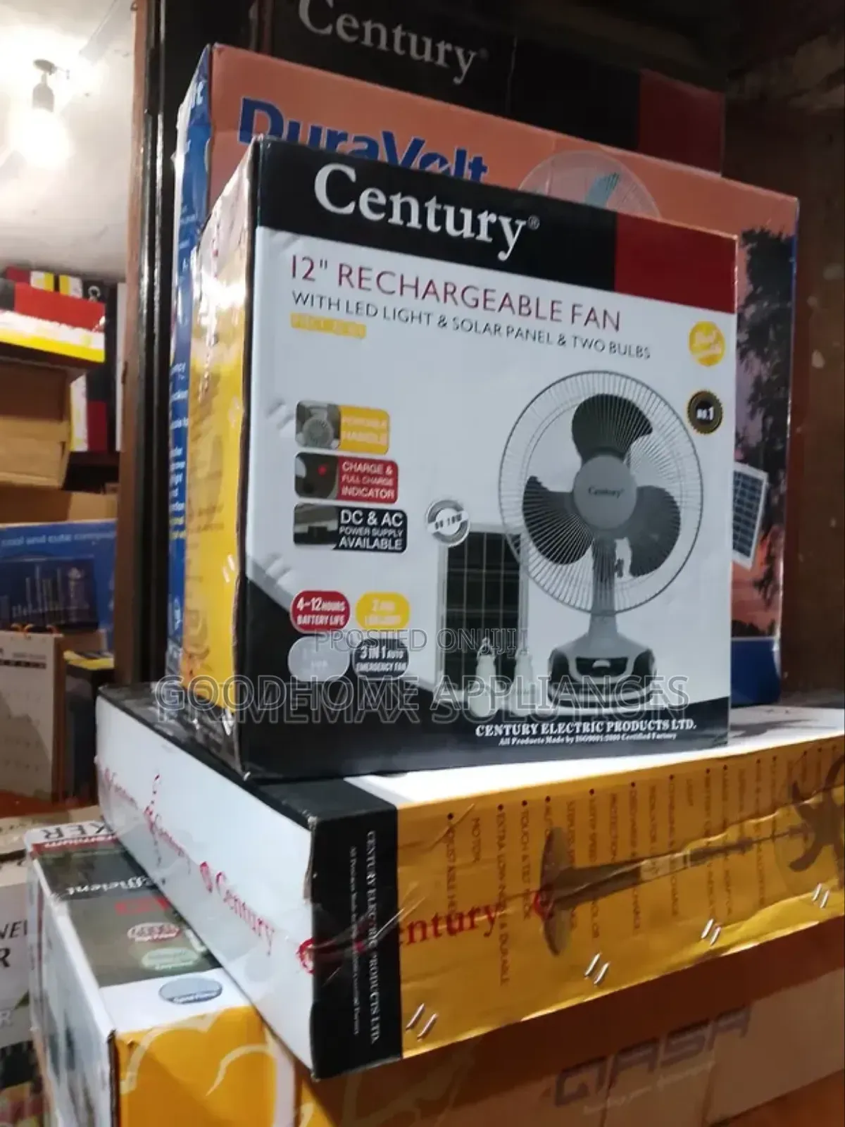 12" Rechargeable Fan With Solar Panel and Led Bulbs
