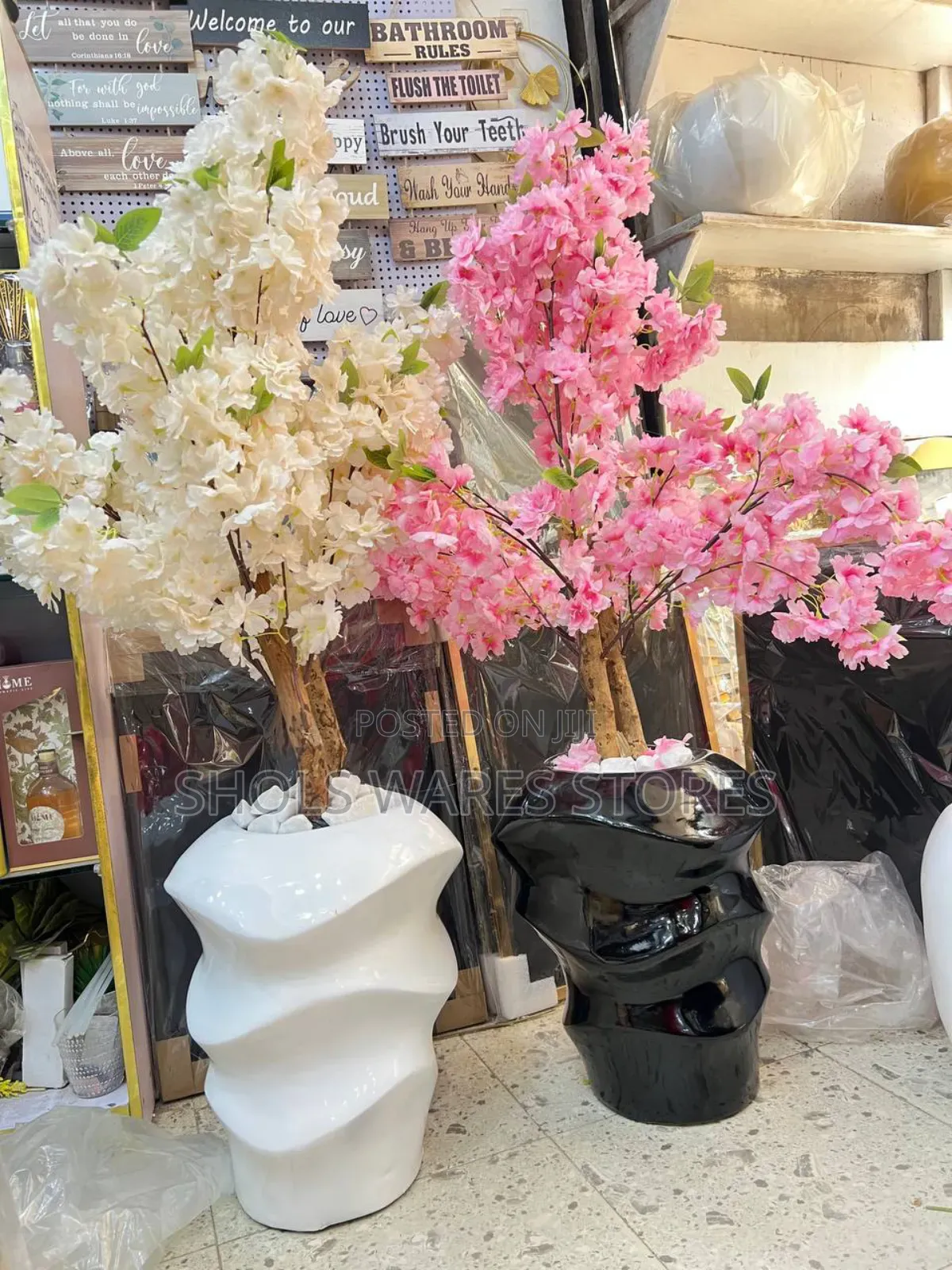 Fibre Vase and Double Trunk Cherry Blossoms