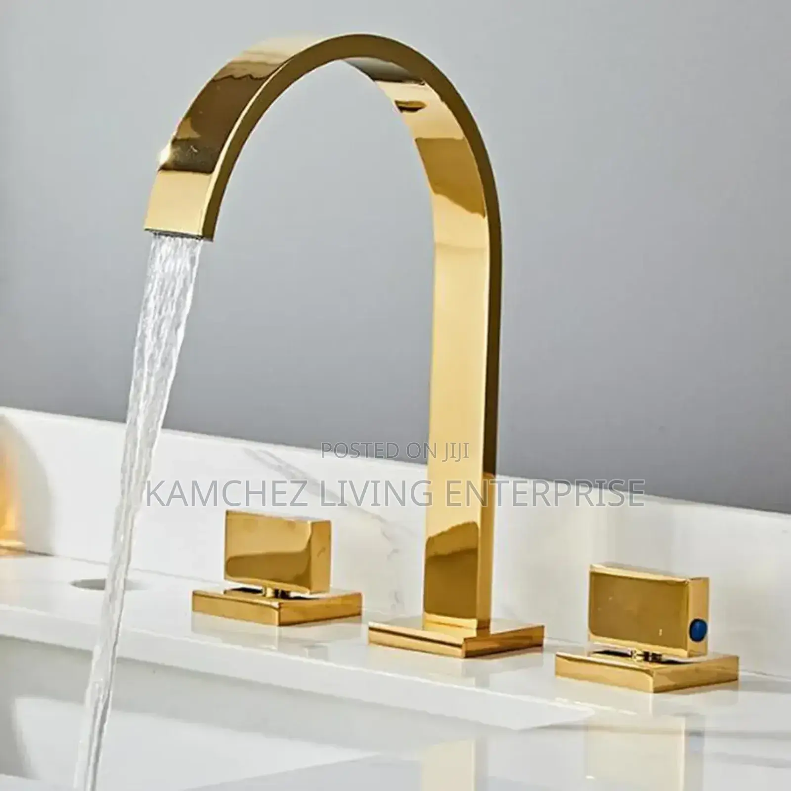 Gold 3-Hole Waterfall Washbasin Mixer – Brass, Modern Design
