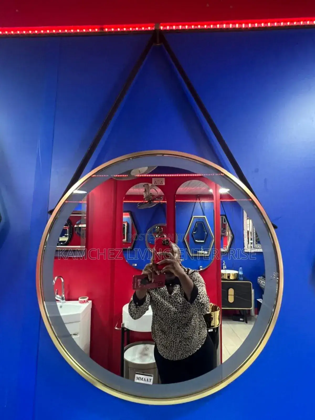 60*60 Round Gold Wall Mirror With Led Red Light for Bathroom
