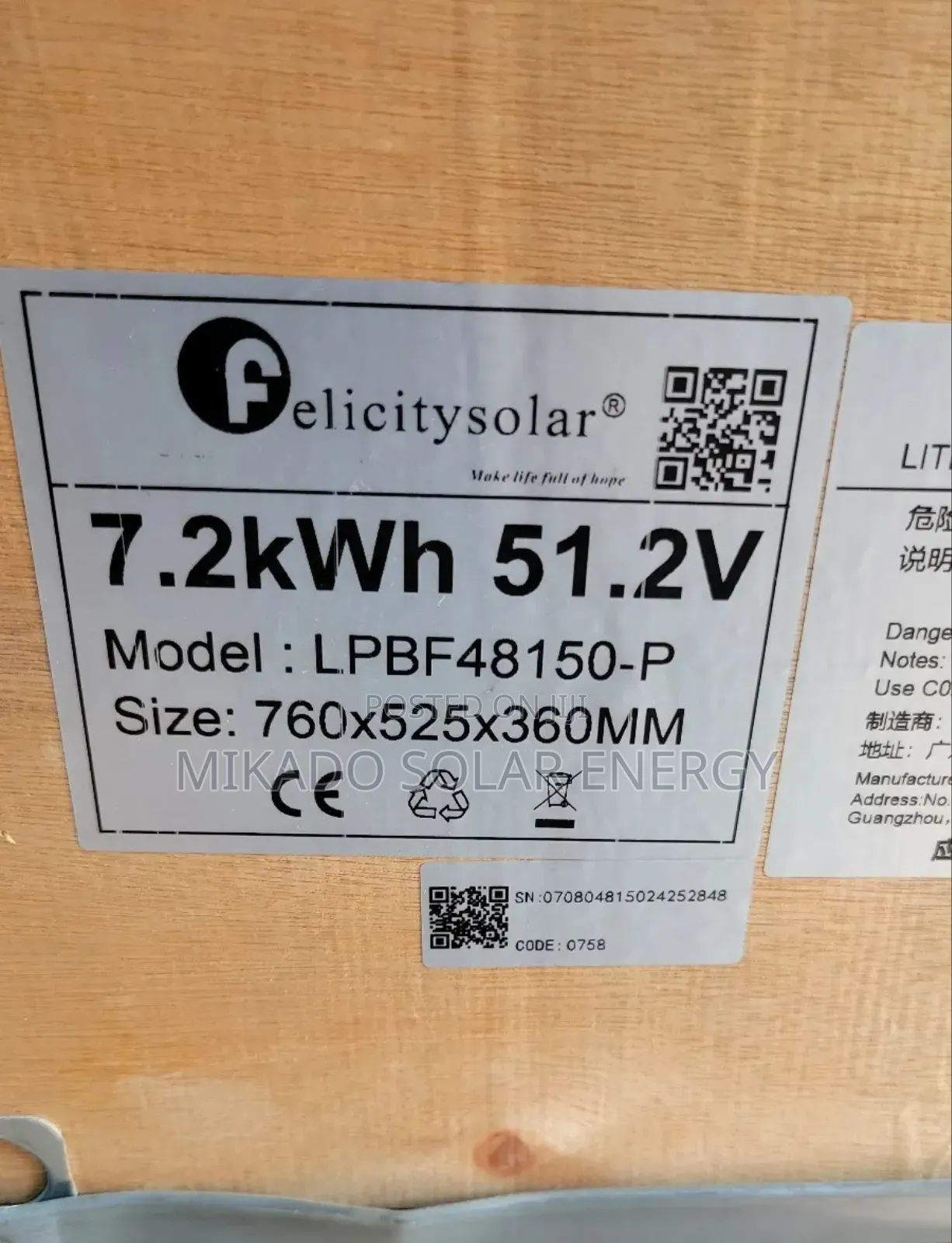 7.2kwh 51.2v Felicity Lithium Iron Battery