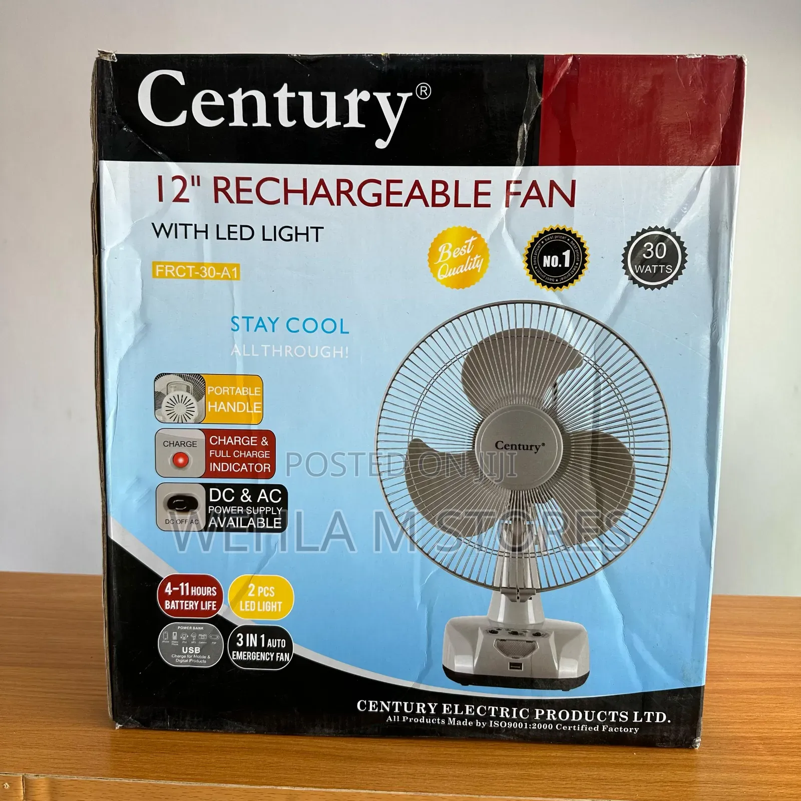 Century 12" Rechargeable Fan With Led Light - FRCT-30-A1