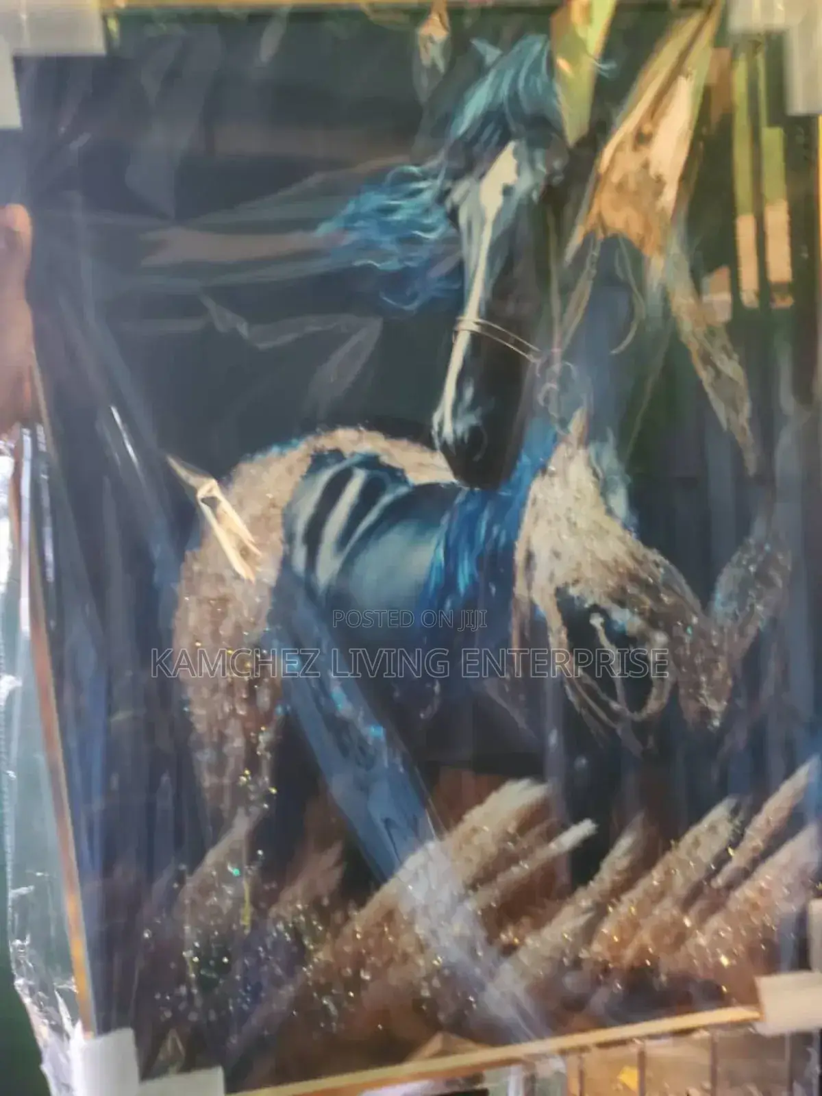 60*80cm Ethereal Blue White Glitter Horse Canvas Wall Art