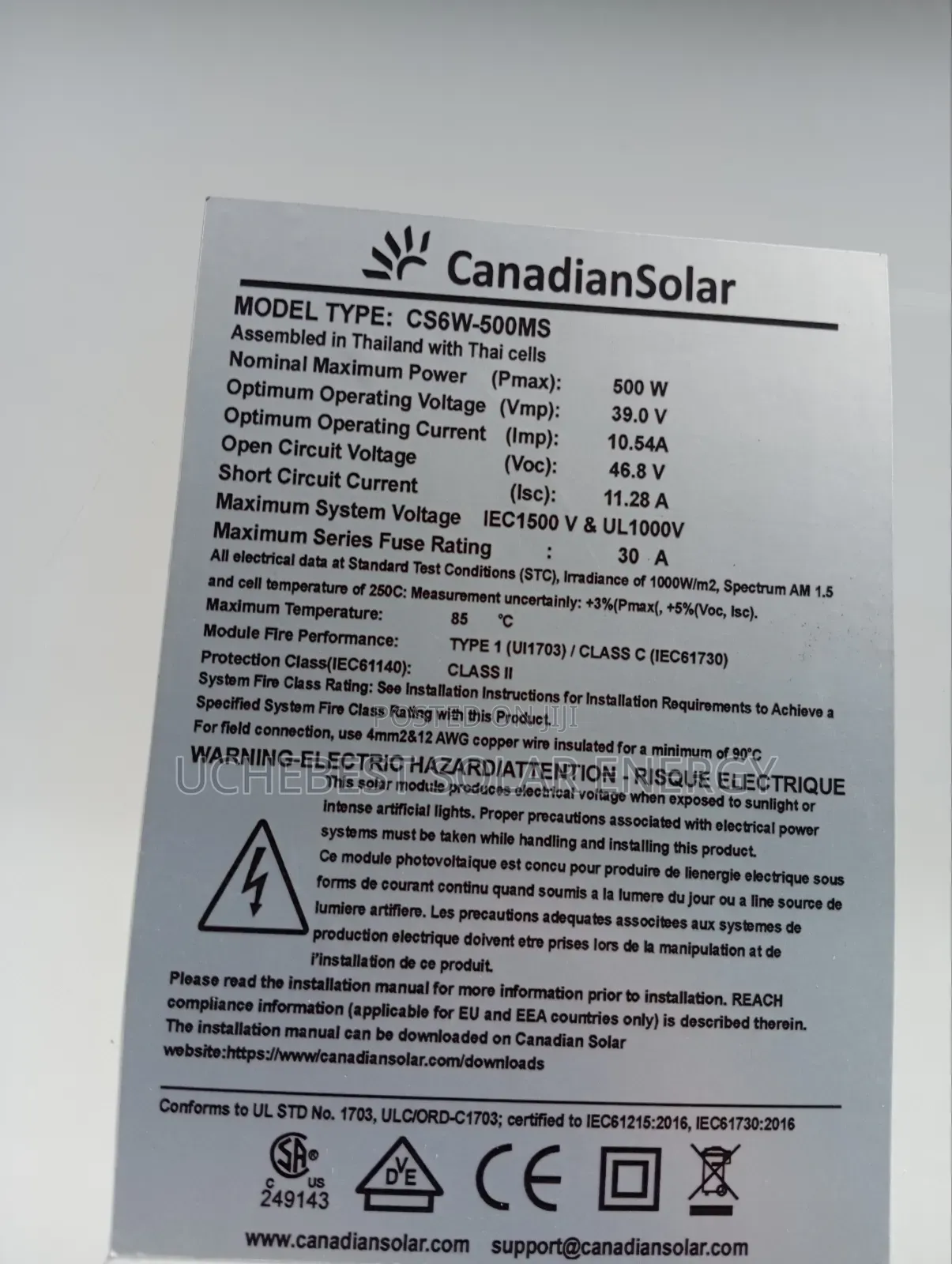 500w/39v/144cell Canadian Mono Panel