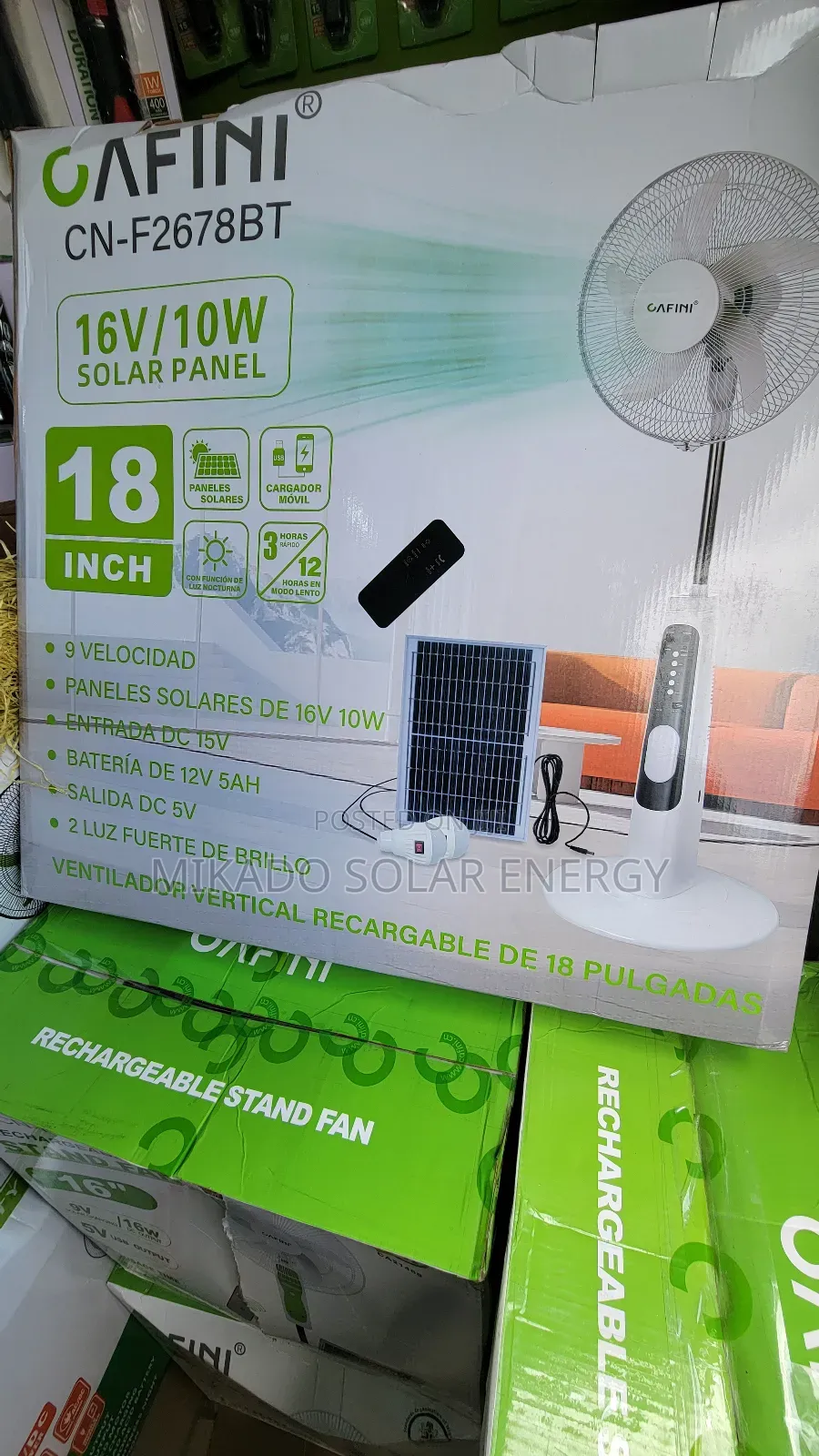 18" Ac Dc Solar Rechargeable Fan With 2bulbs, Remote, Panel.