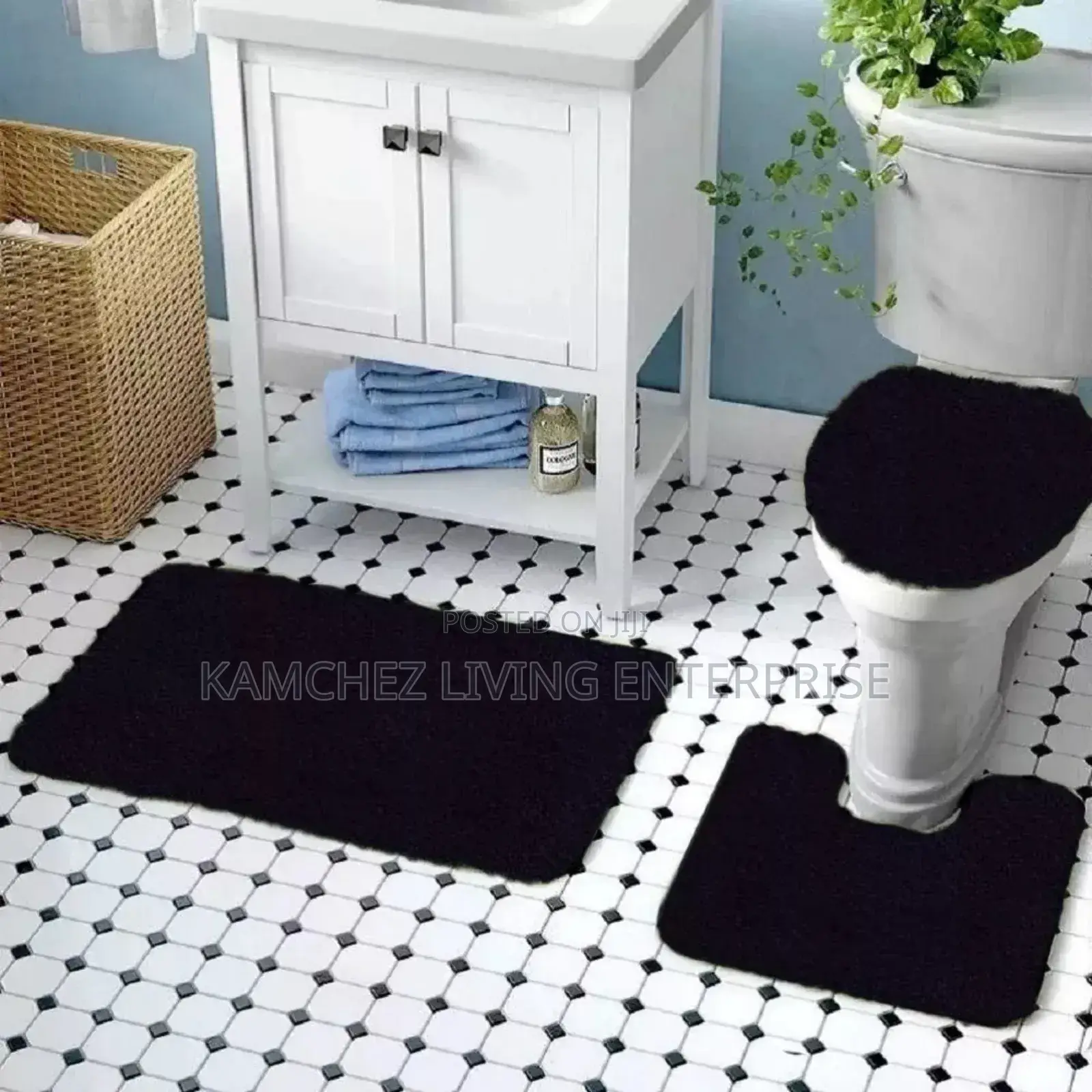 Black 3-Piece Bathroom Rug Set With Non-Slip Mat 18x30in