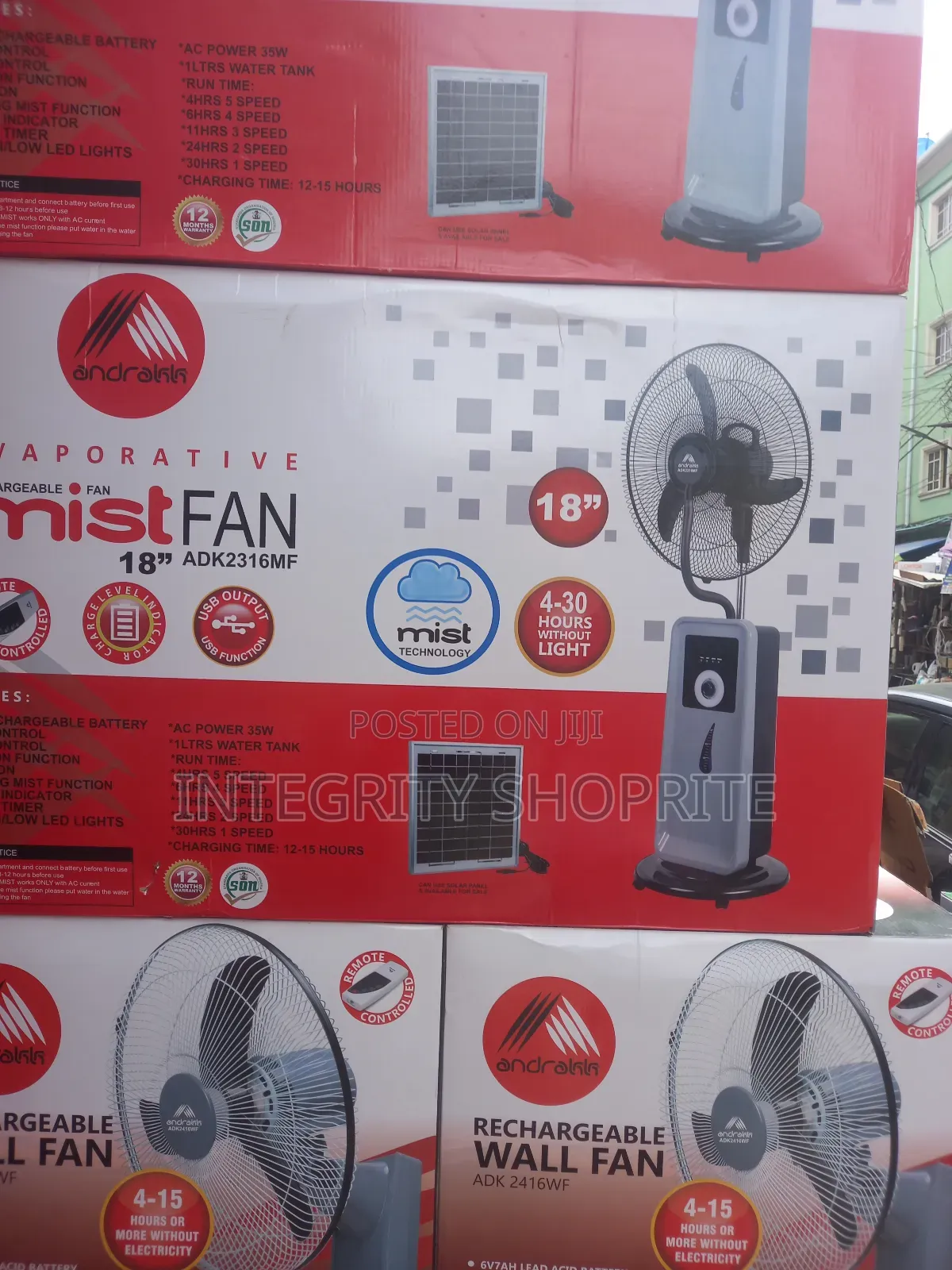 Andrakk 18" Rechargeable Mist Fan + Remote + Solar Charge