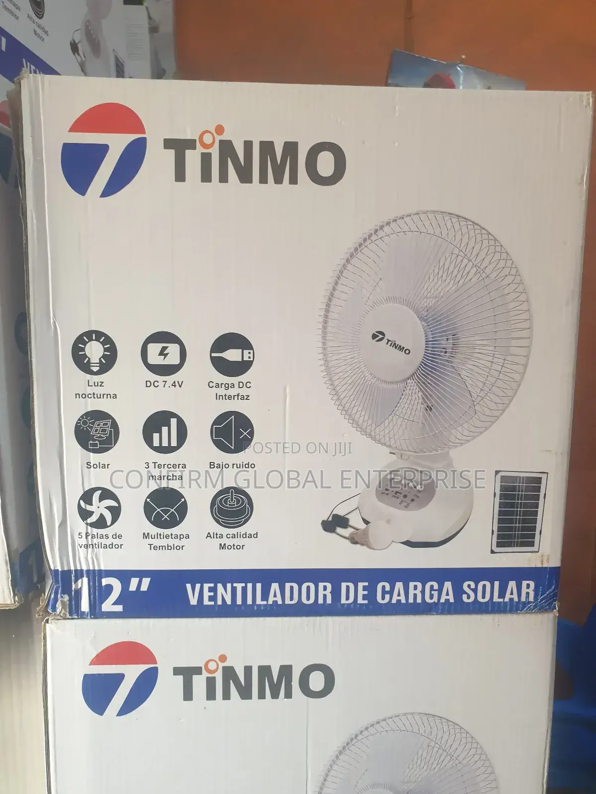Tinmo 12" Rechargeable Table Fan With Solar Panel and 2 Bulb