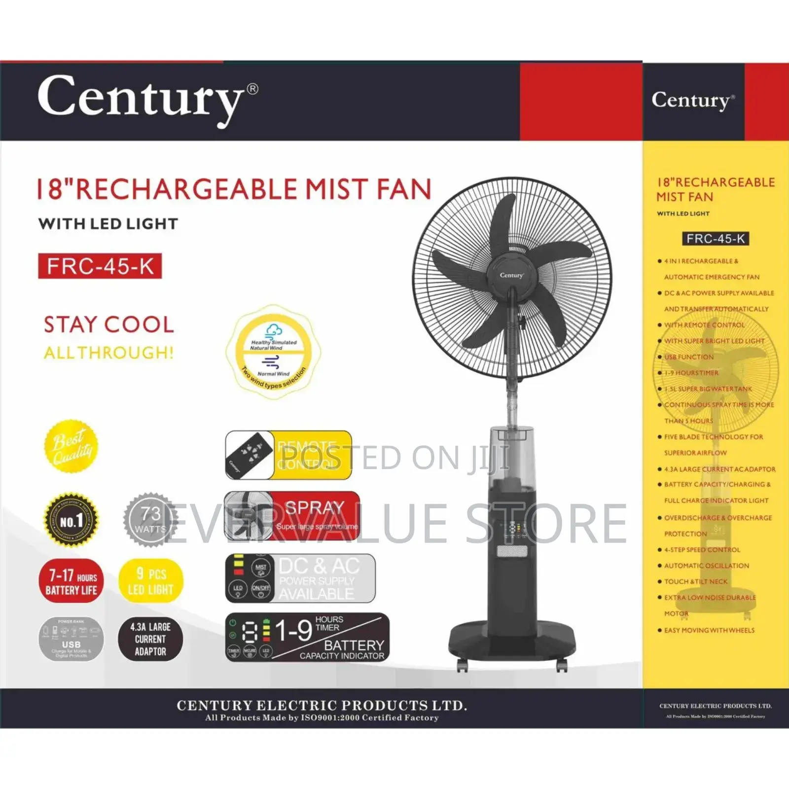 Century 18 Inches Rechargeable Mist Standing Fan + Led Light