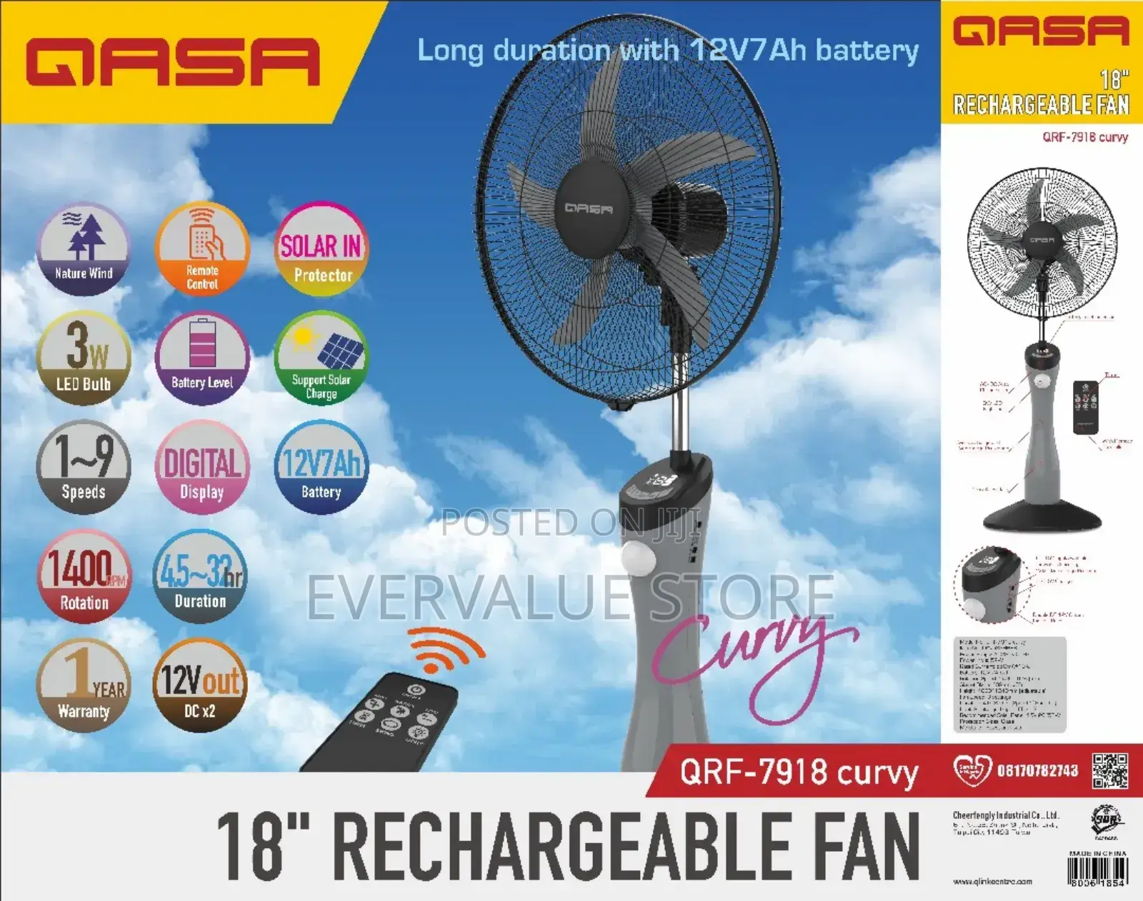 18 Inches Qasa Rechargeable Standing Fan, Long Duration.