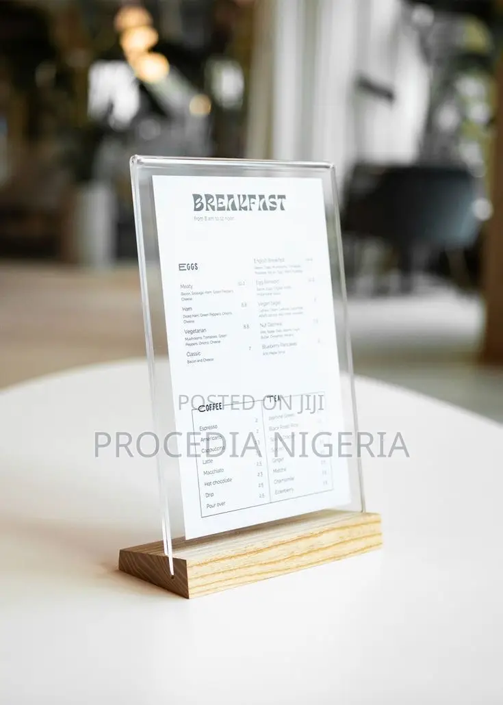 Acrylic Sign Holder-Wooden Base, Menu, Account Details