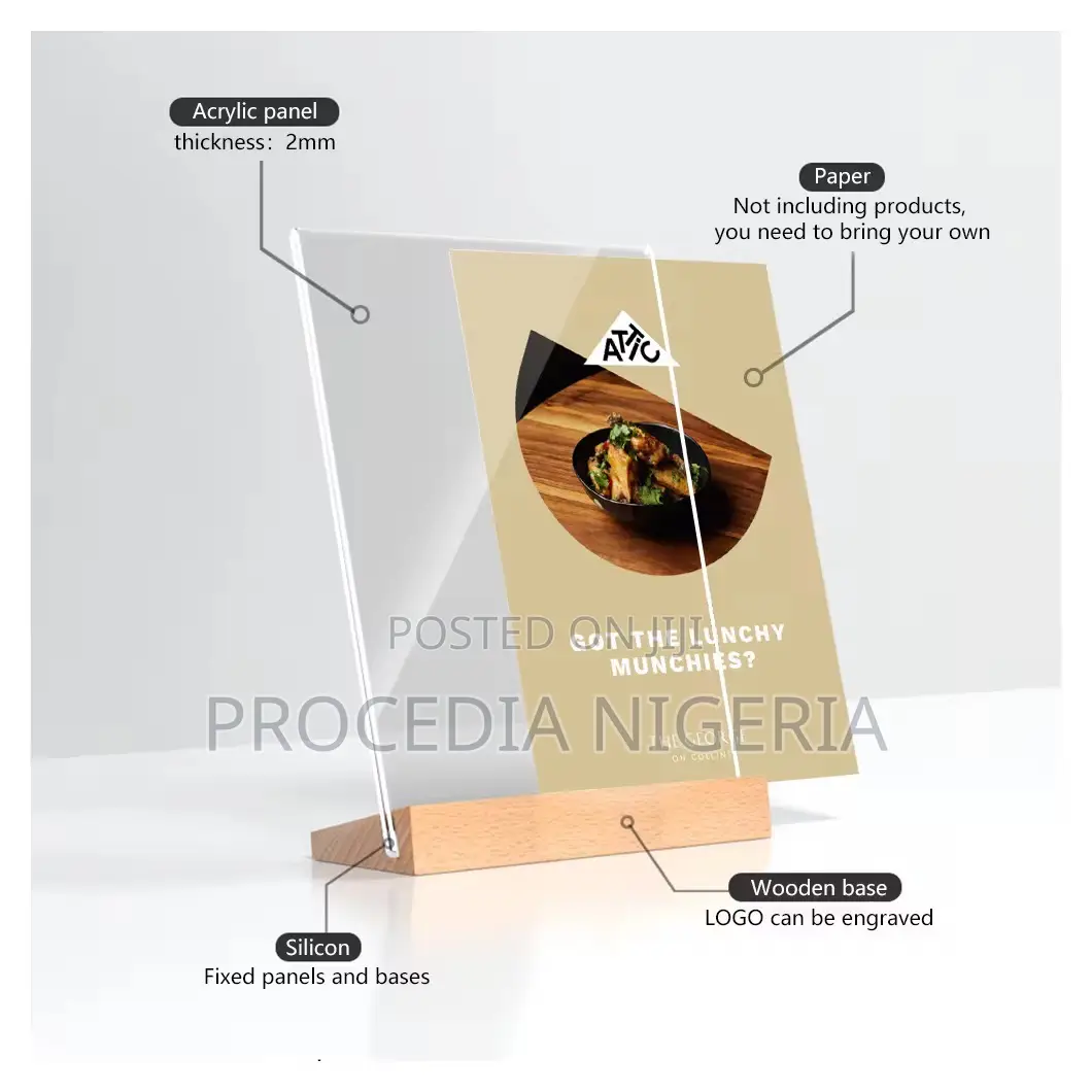 Acrylic Sign Holder-Wooden Base, Menu, Account Details