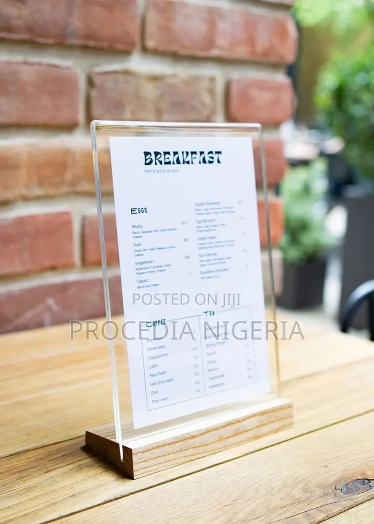 Acrylic Sign Holder-Wooden Base, Menu, Account Details