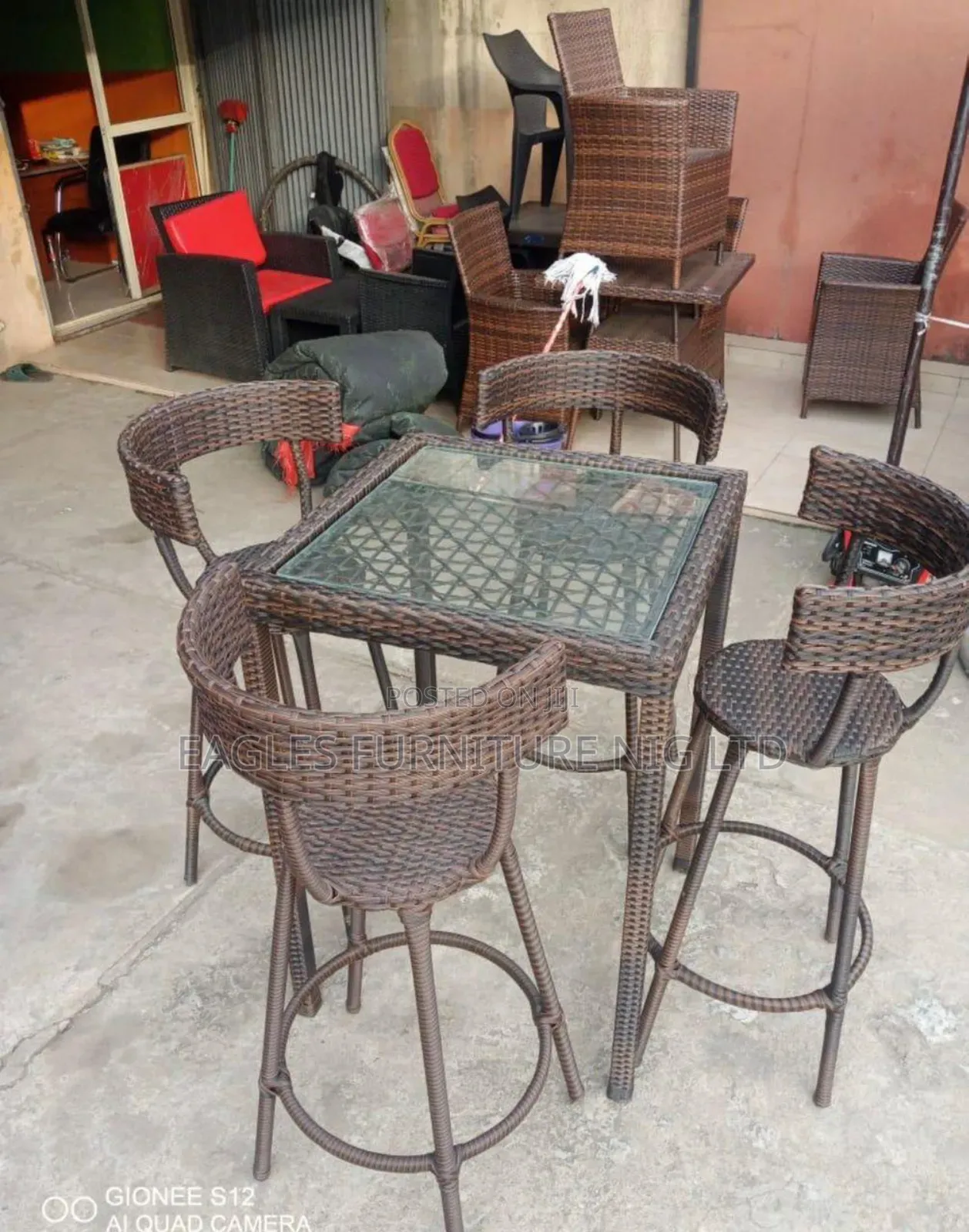 Quality Set of High Rattan Table and 4 Rattan Bar Stool