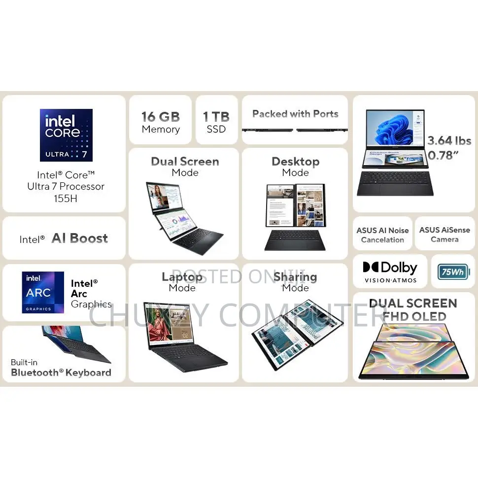 New Laptop Asus Zenbook Duo 14 16GB Intel Core Ultra 7 SSD 1T