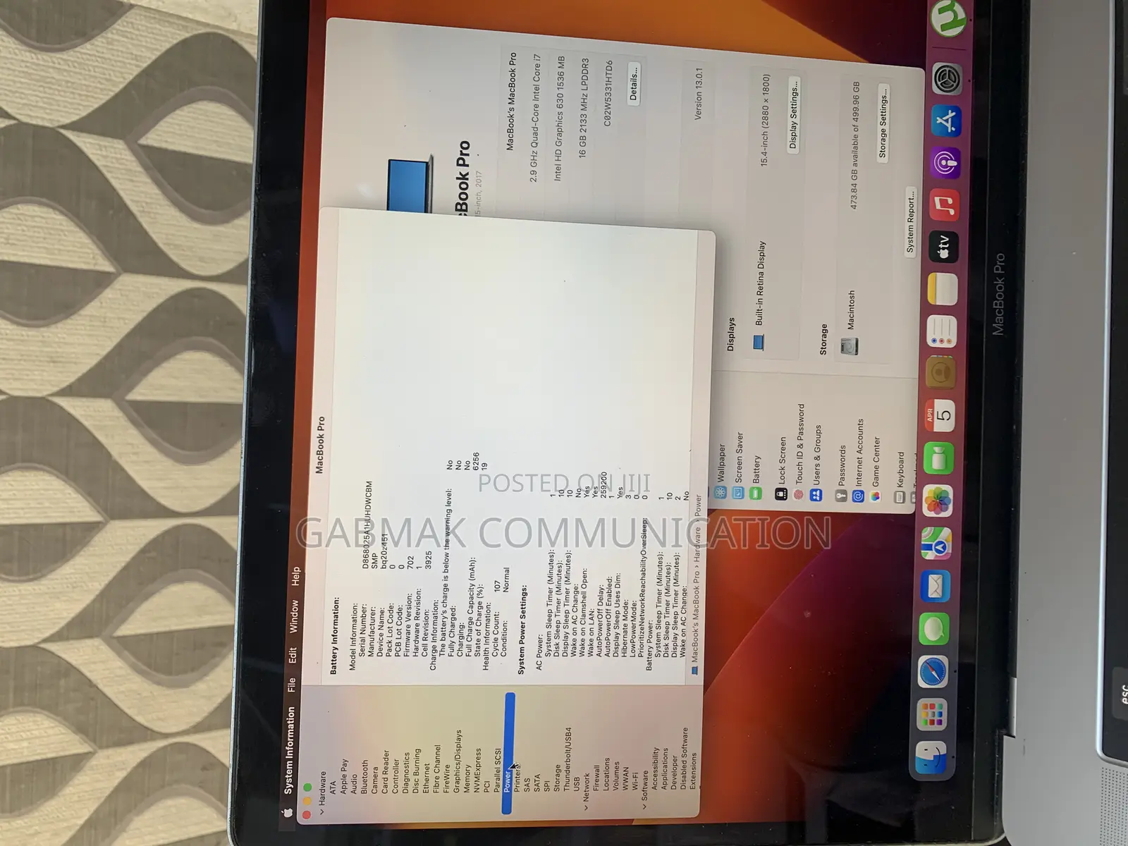 Laptop Apple MacBook Pro 2017 16GB Intel Core I7 SSD 512GB