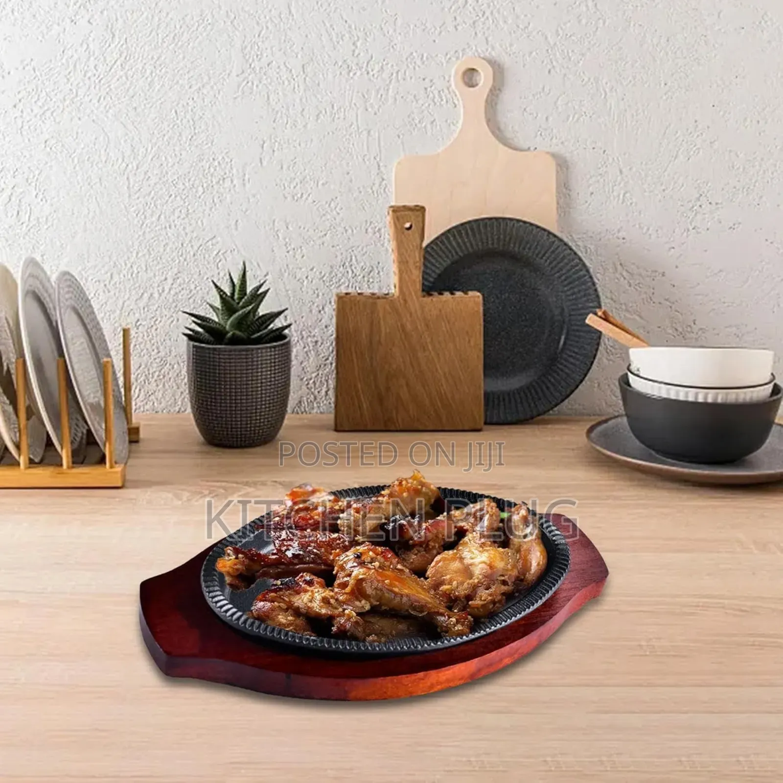 Cast Iron Steak Plate With a Wooden Base,