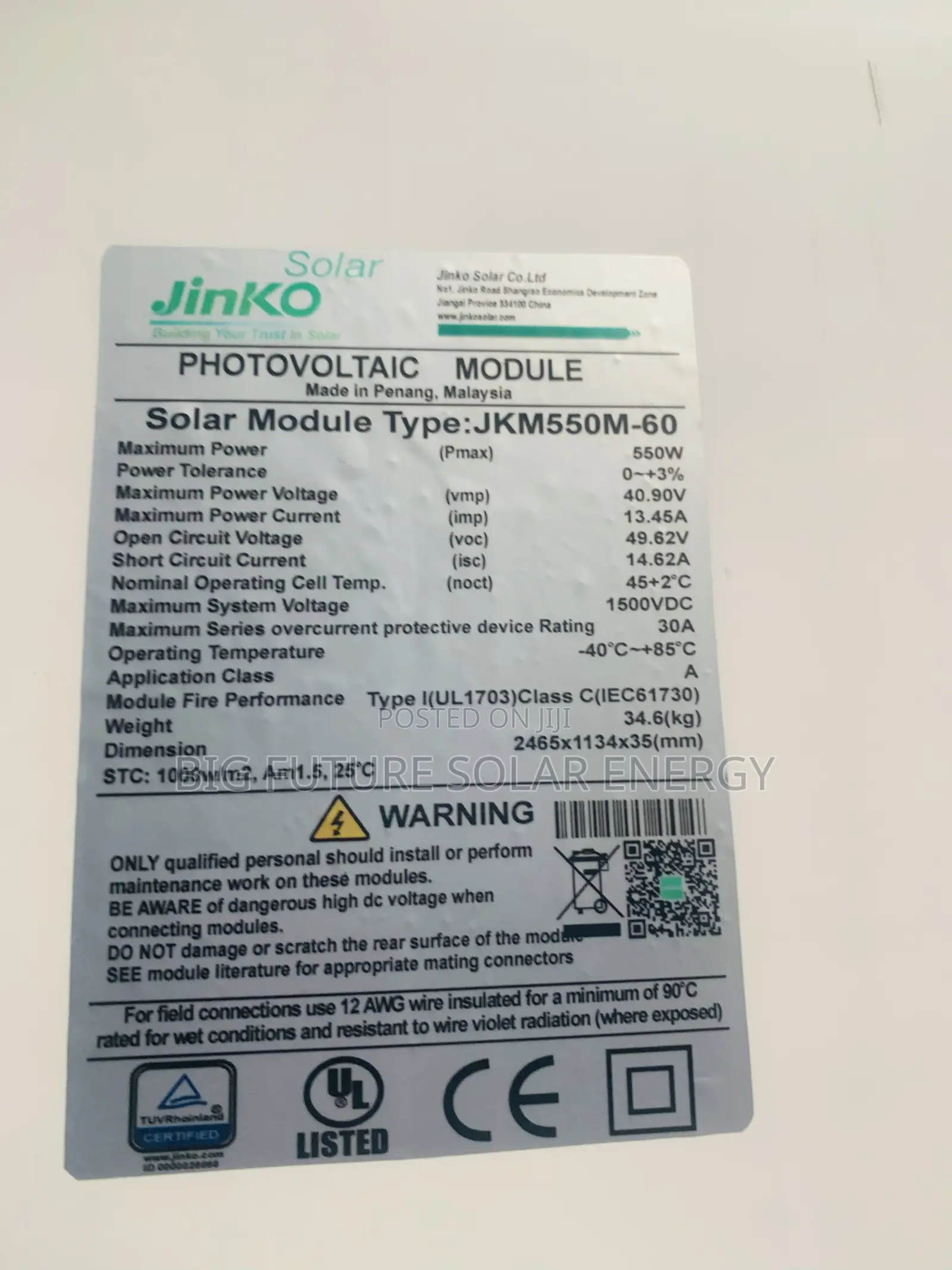 550watts Jinko Solar Panel 144c