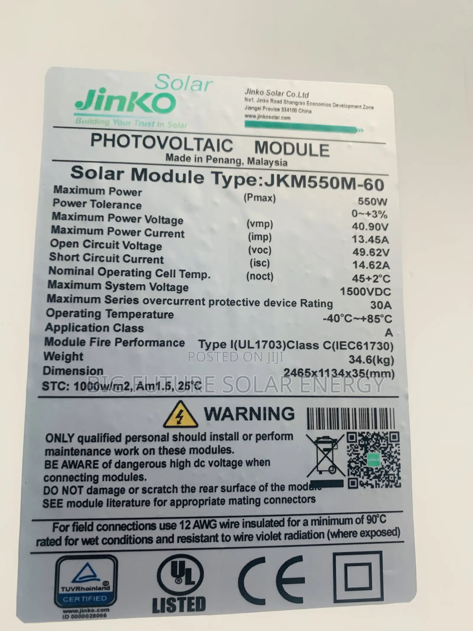 550watts Jinko Solar Panel 144c
