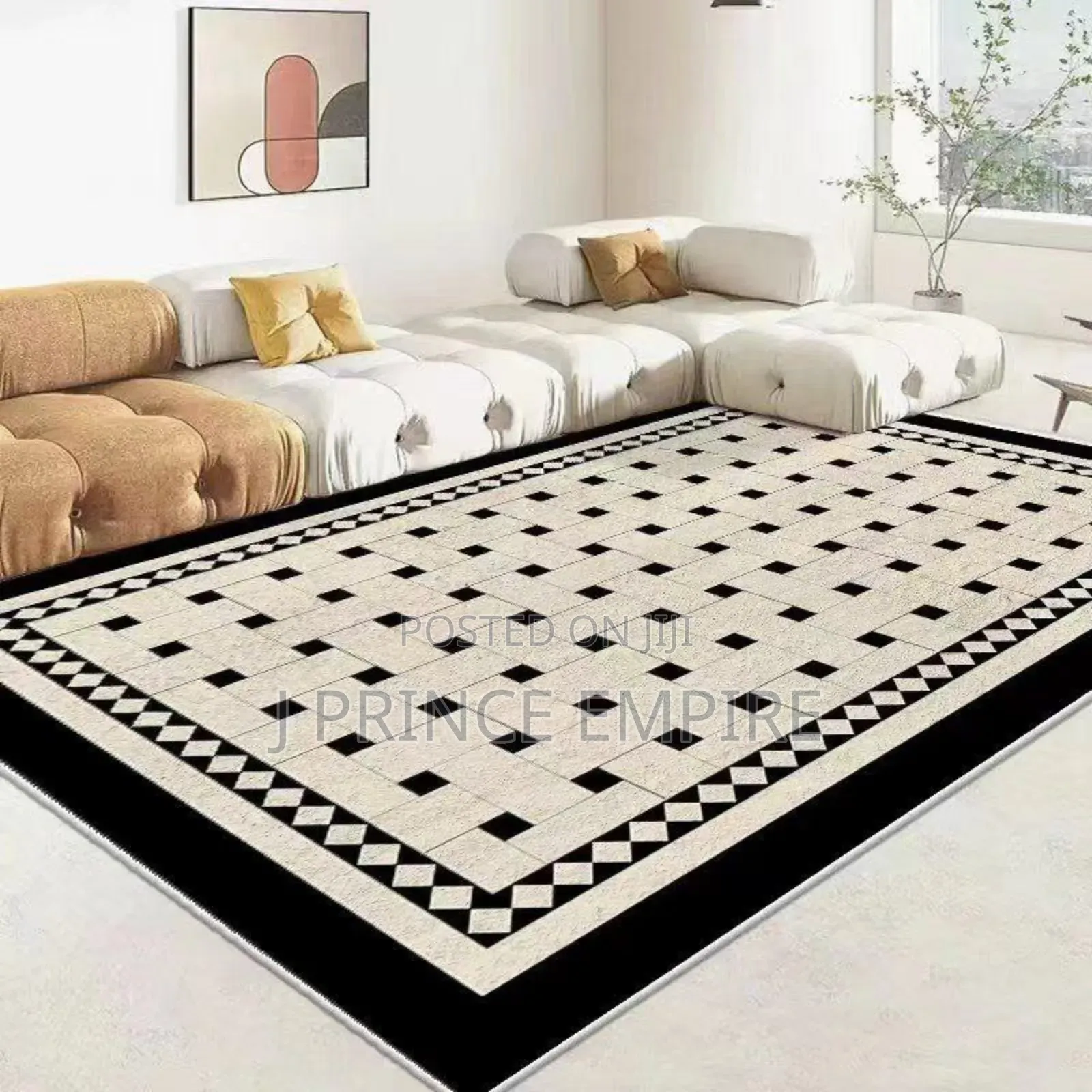 Modern Light Luxury Black Gold Frame Area Rug Bedroom