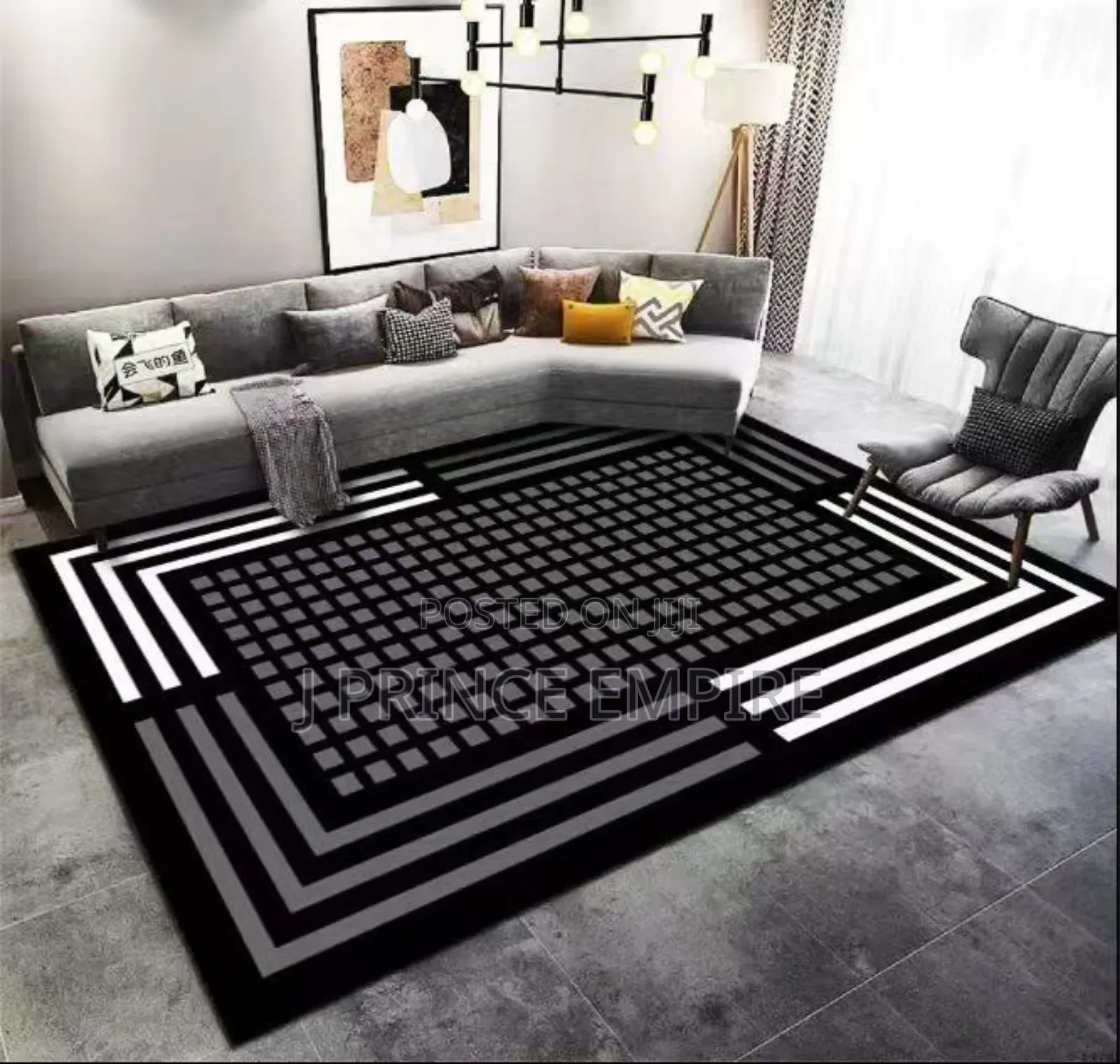 Modern Light Luxury Black Gold Frame Area Rug Bedroom