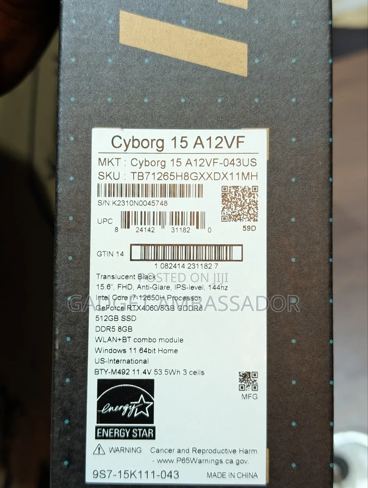 New Laptop MSI Cyborg 15 8GB Intel Core I7 SSD 512GB