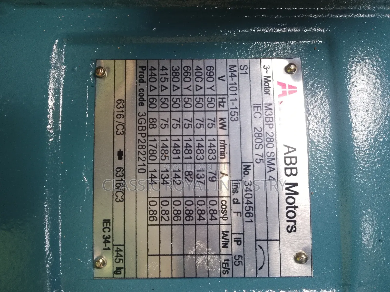 75 Kw ABB Electric Motor 1483 RPM Foot