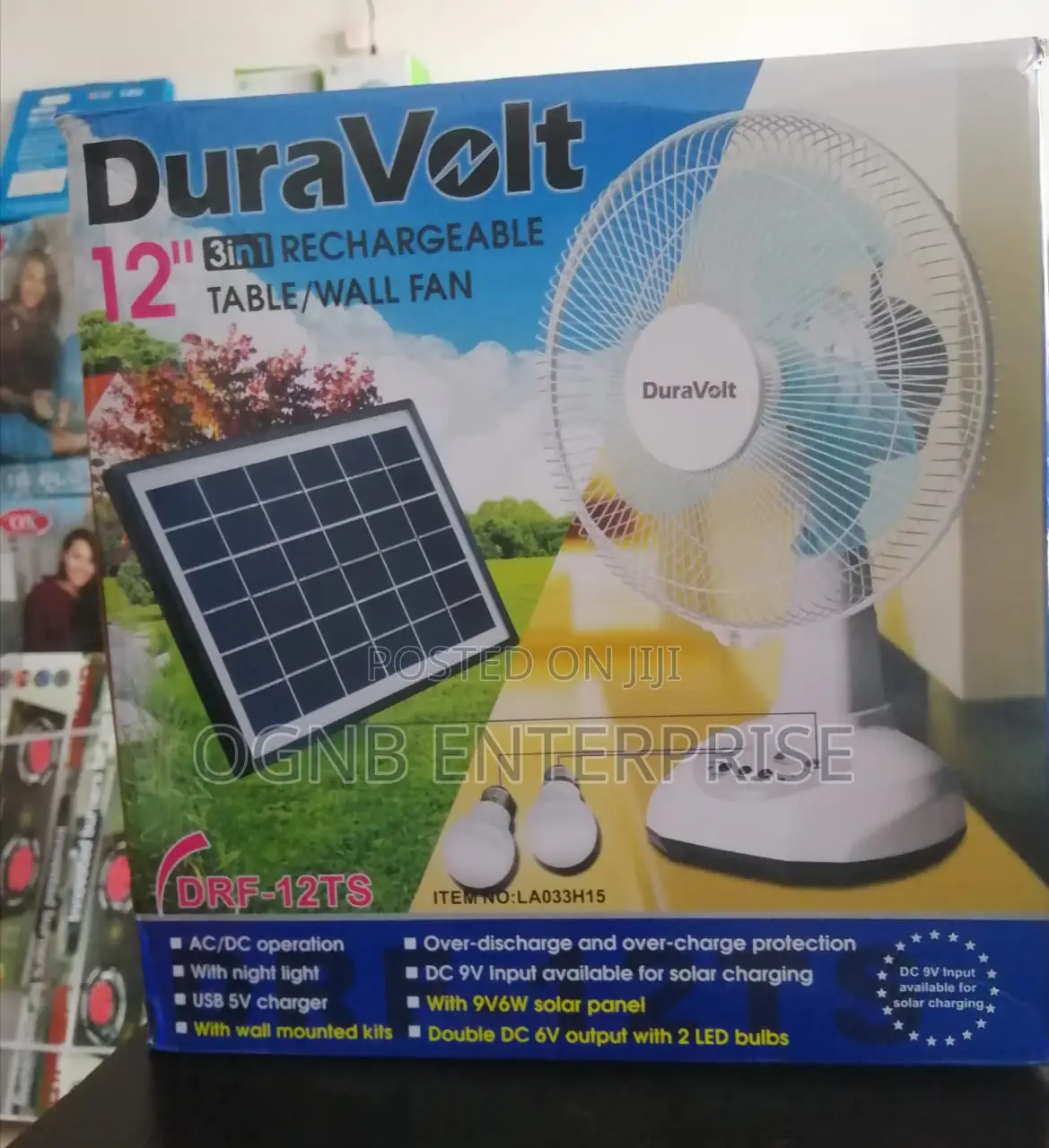 Duravolt 12 Inches 3 in 1 Rechargeable Fan
