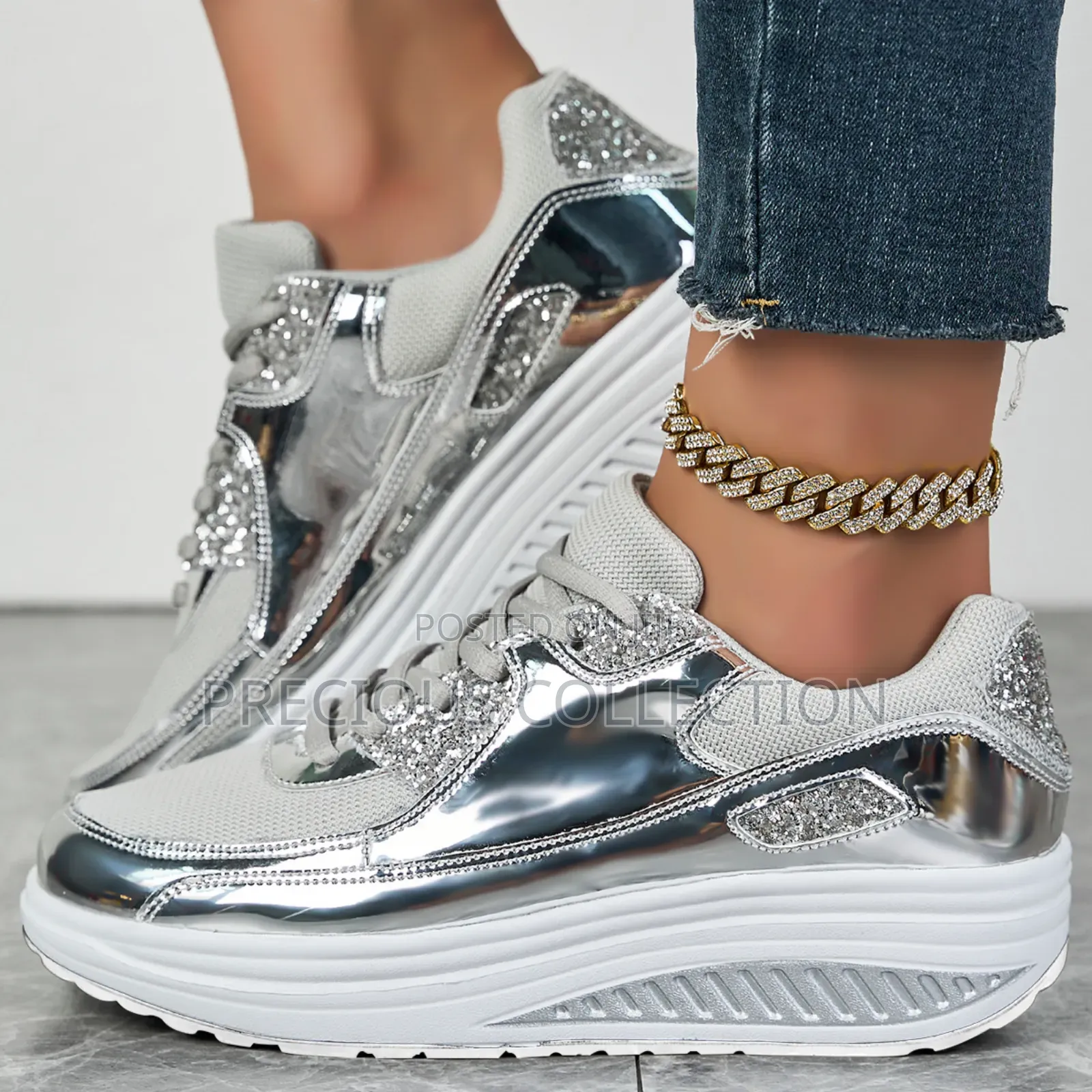 Ladies Glossy Leather Lace Up Sneakers