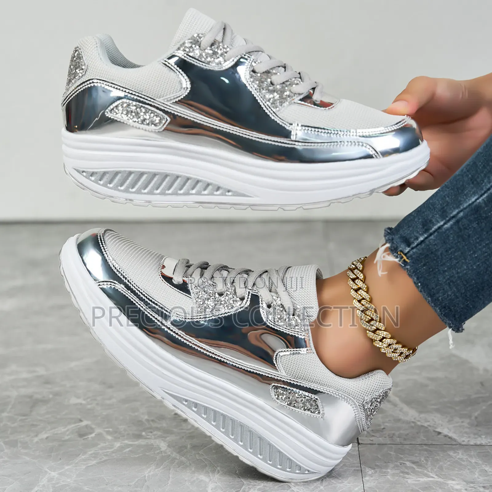 Ladies Glossy Leather Lace Up Sneakers