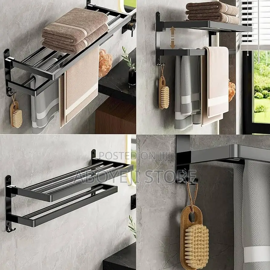 40/60cm Double Layer Towel Rack Black Non Drilling Movable•