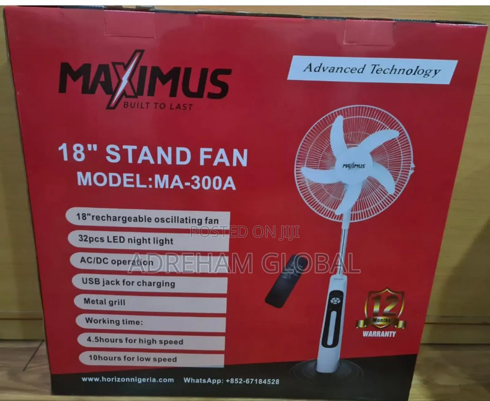 18 Inches Maximus Rechargeable Standing Fan With Remote