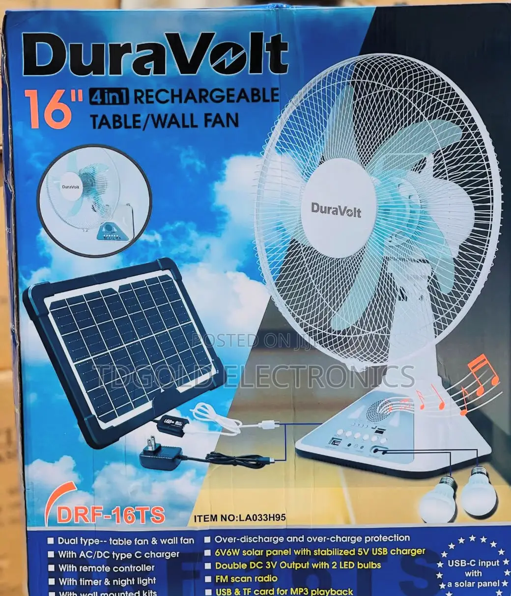 Duravolt 16" Rechargeable Table/Wall Fan With